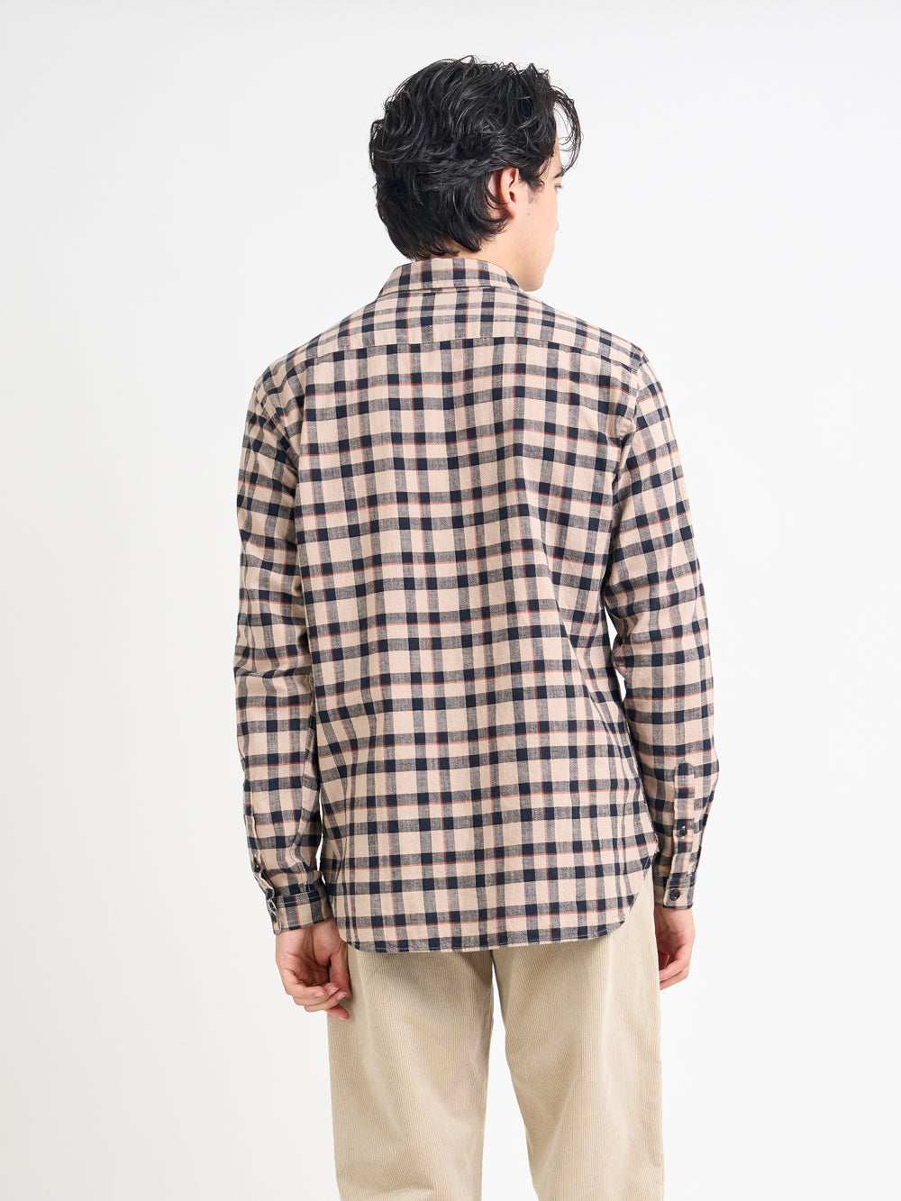 Closer back shot of model wearing Oliver Spencer Walden Navy Spear Collar Organic Cotton Shirt