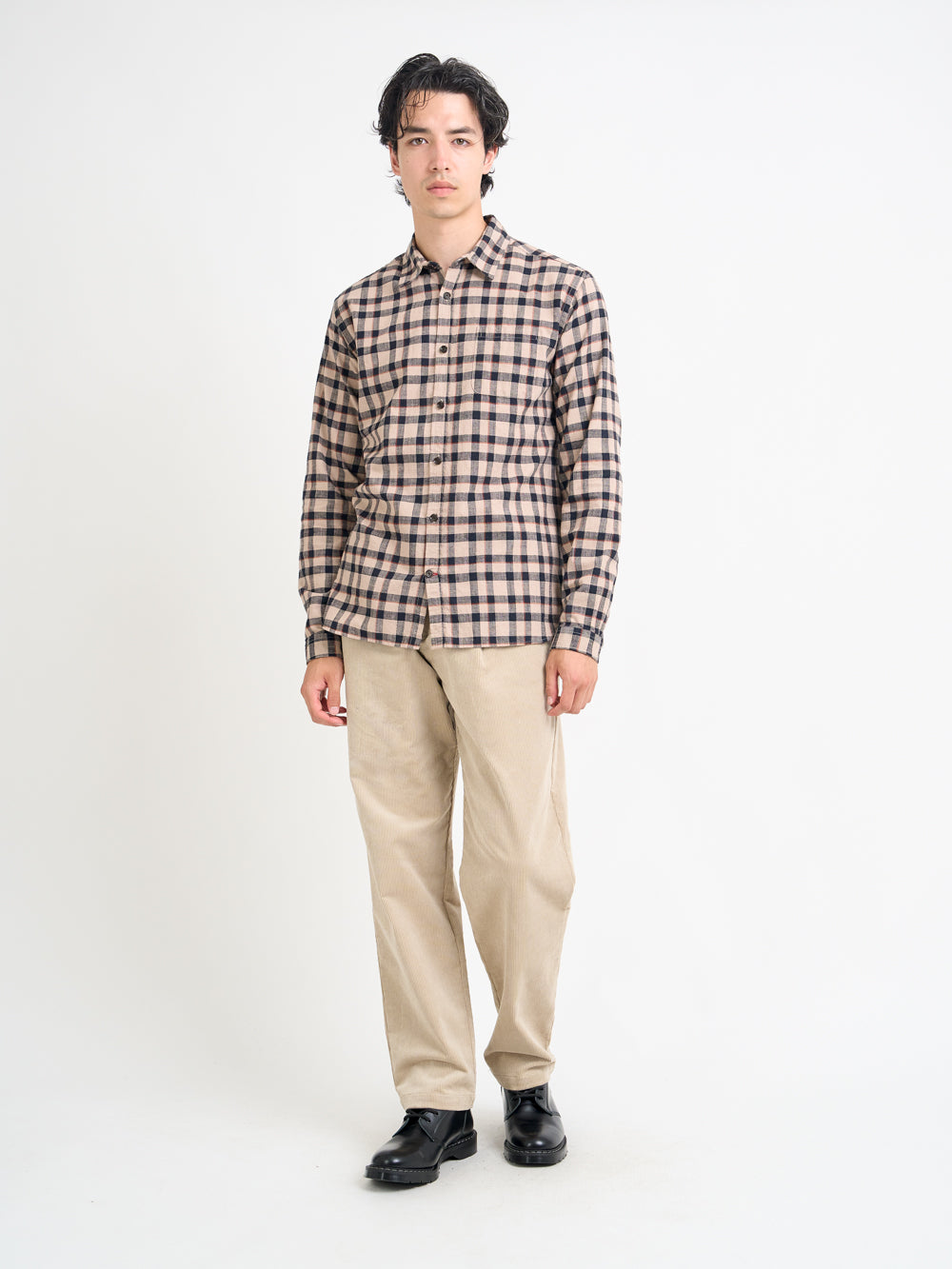 Model wearing Oliver Spencer Walden Navy Spear Collar Organic Cotton Shirt 