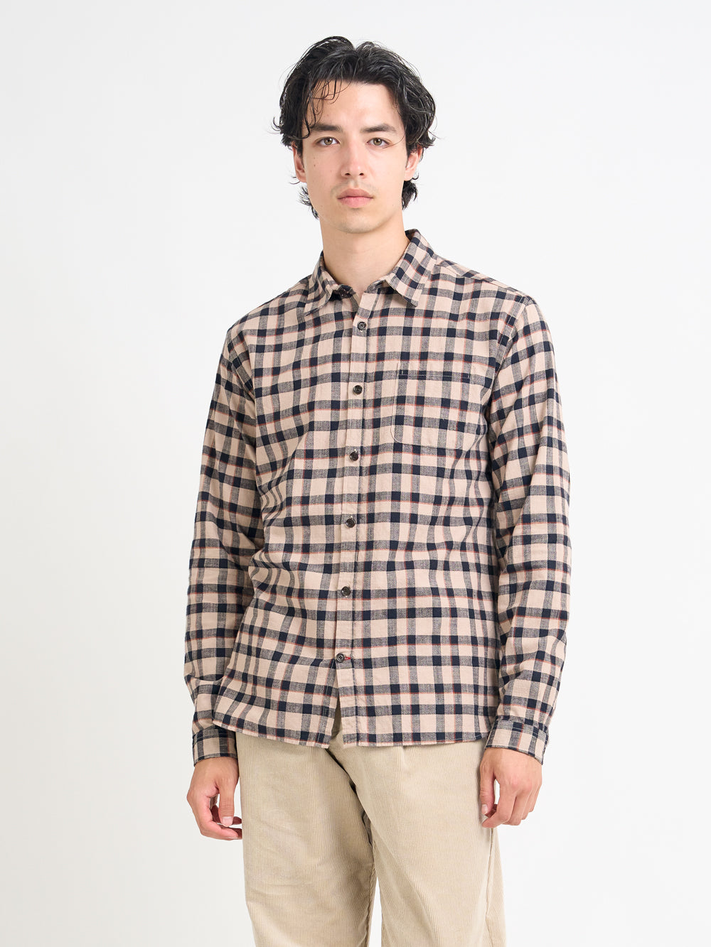 Closer shot of model wearing Oliver Spencer Walden Navy Spear Collar Organic Cotton Shirt