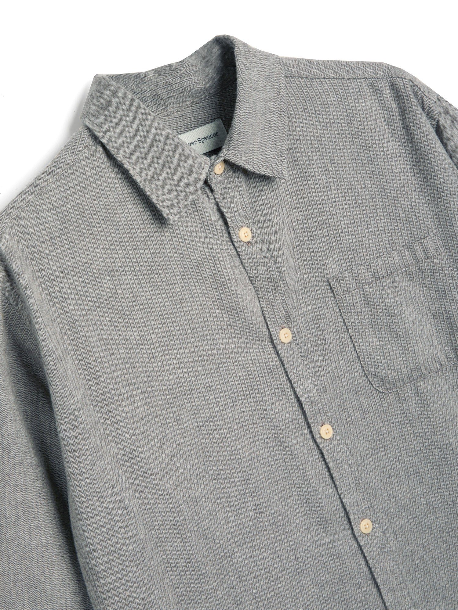 Close up collar shot of Oliver Spencer Grey Spear Collar Cotton Shirt