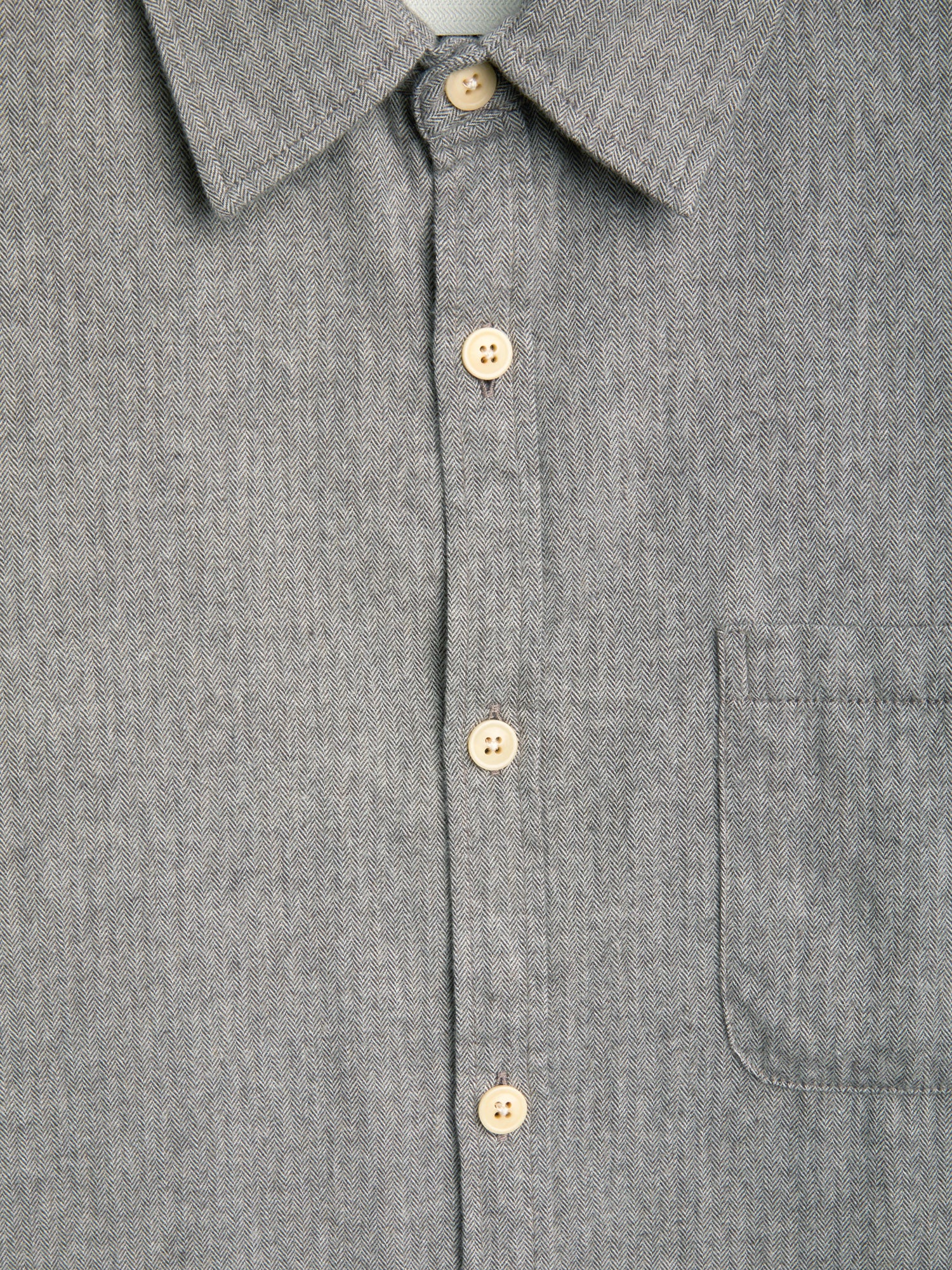 Close up button shot of Oliver Spencer Grey Spear Collar Cotton Shirt