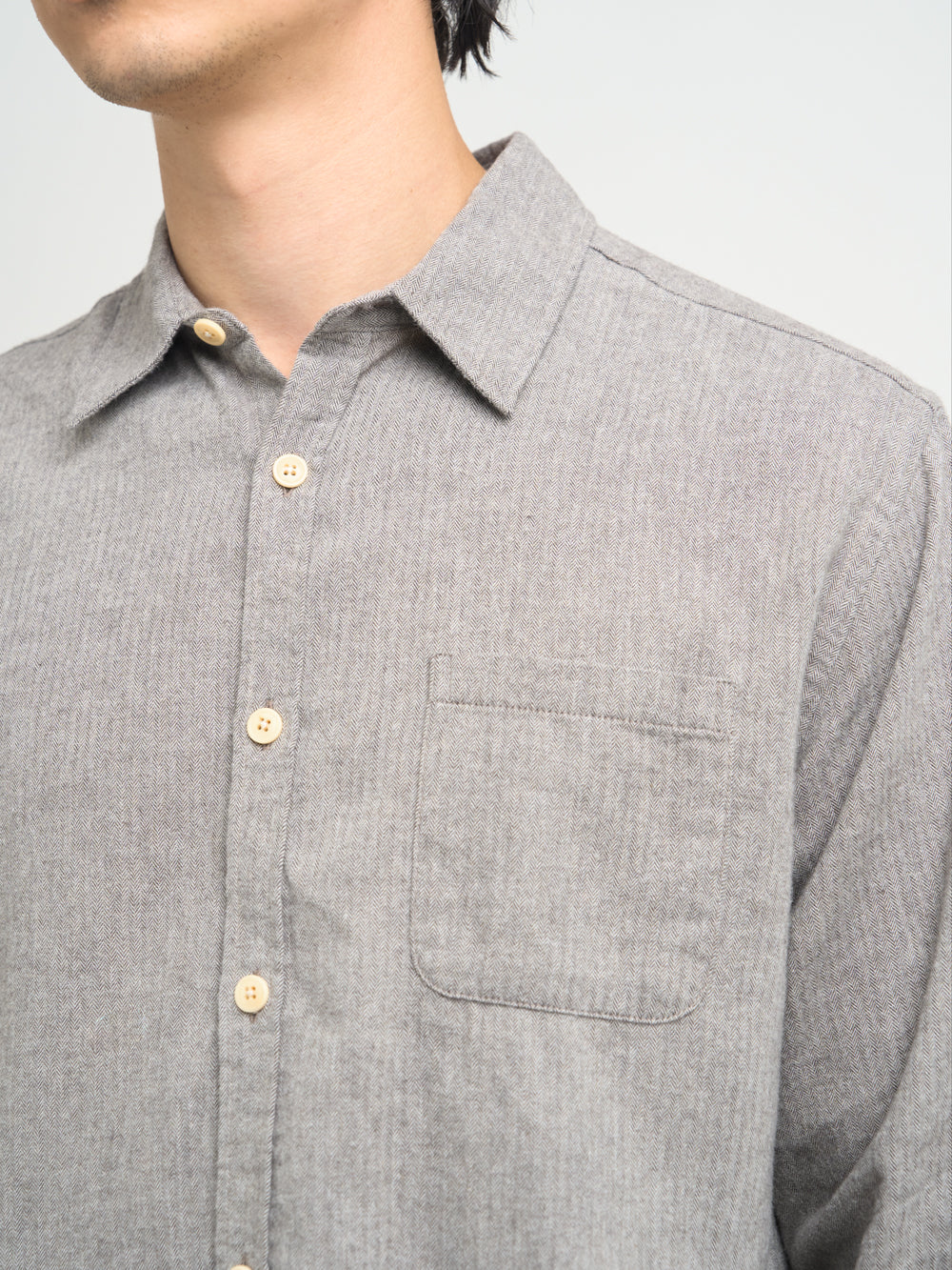 Closer up shot of model wearing Oliver Spencer Grey Spear Collar Cotton Shirt