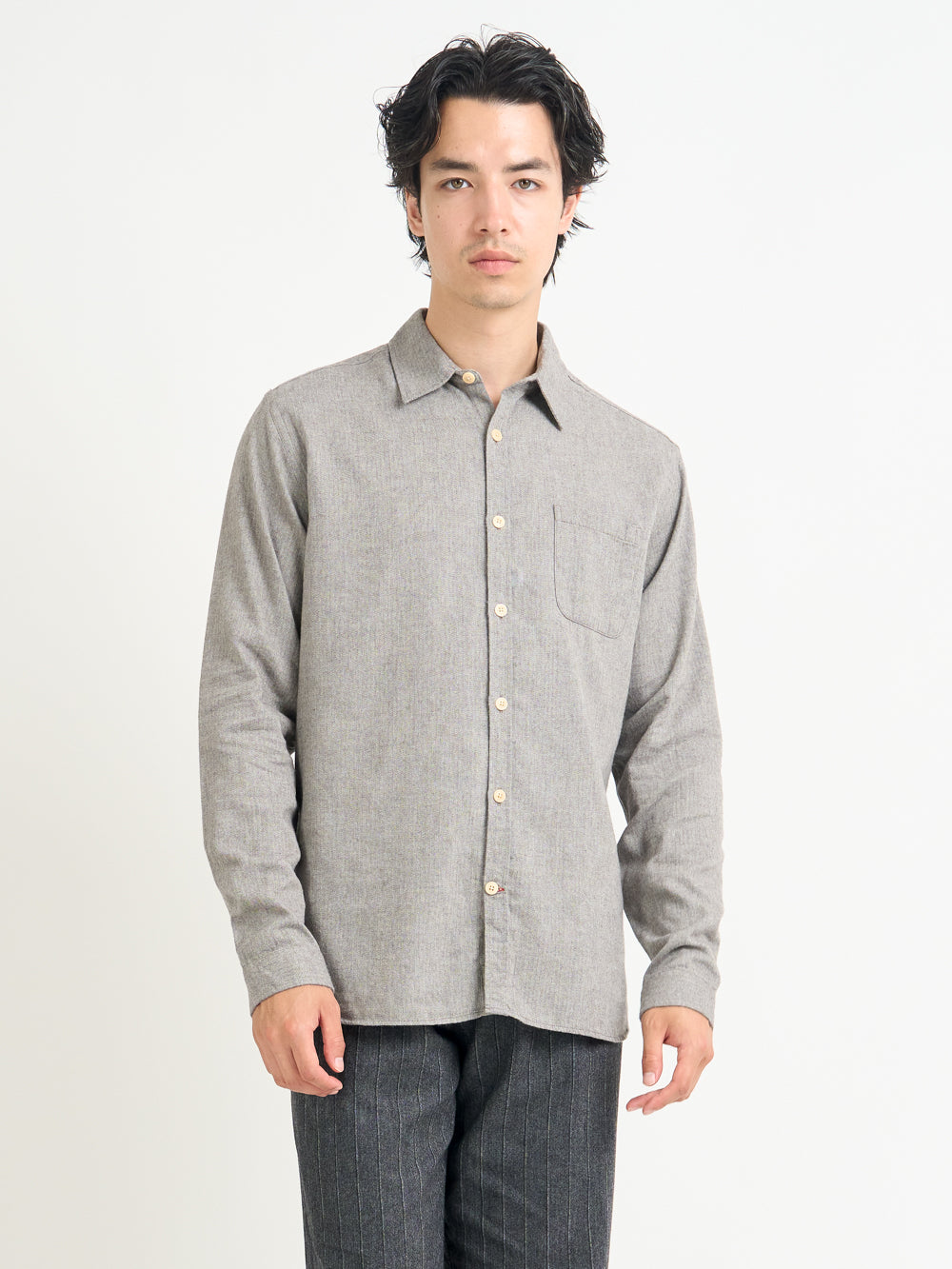 Closer up shot of model wearing Oliver Spencer Grey Spear Collar Cotton Shirt