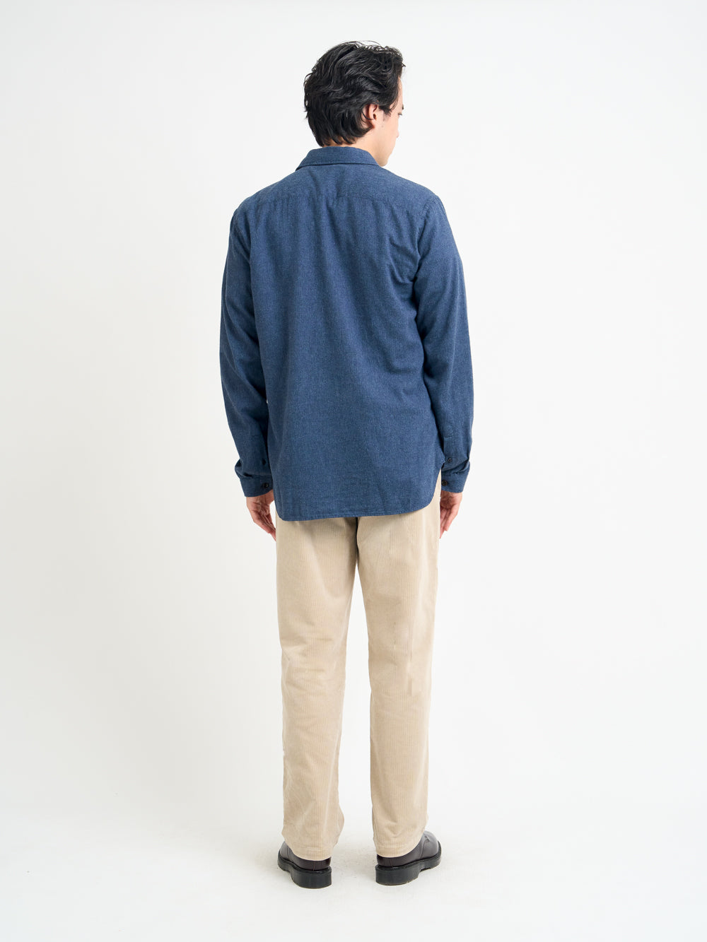 Back shot of model wearing Oliver Spencer Navy Spear Collar Cotton Shirt