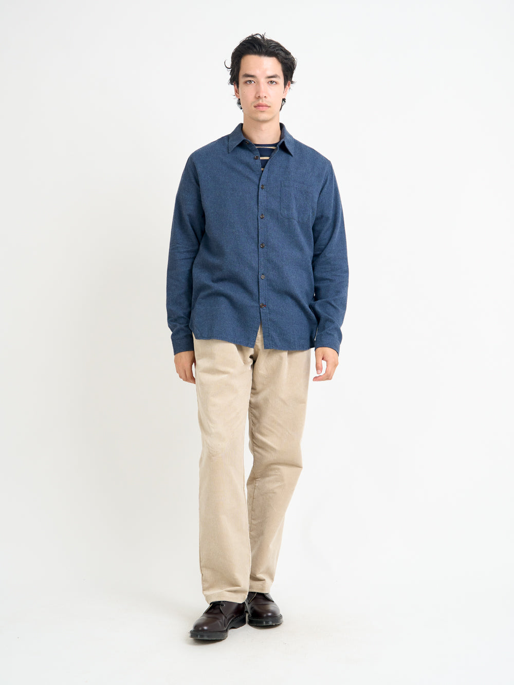 Model wearing Oliver Spencer Navy Spear Collar Cotton Shirt