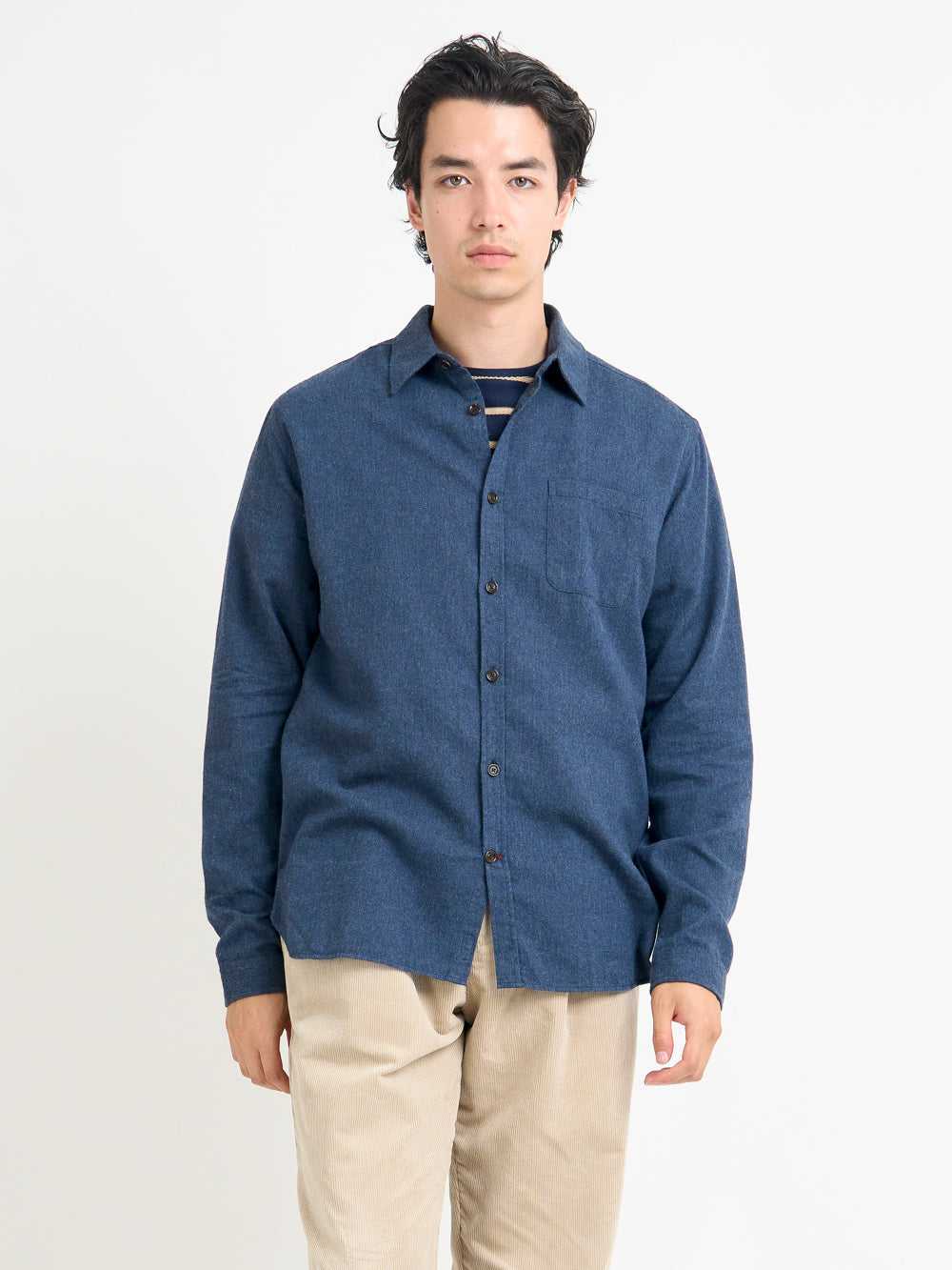 Close up front shot of model wearing Oliver Spencer Navy Spear Collar Cotton Shirt