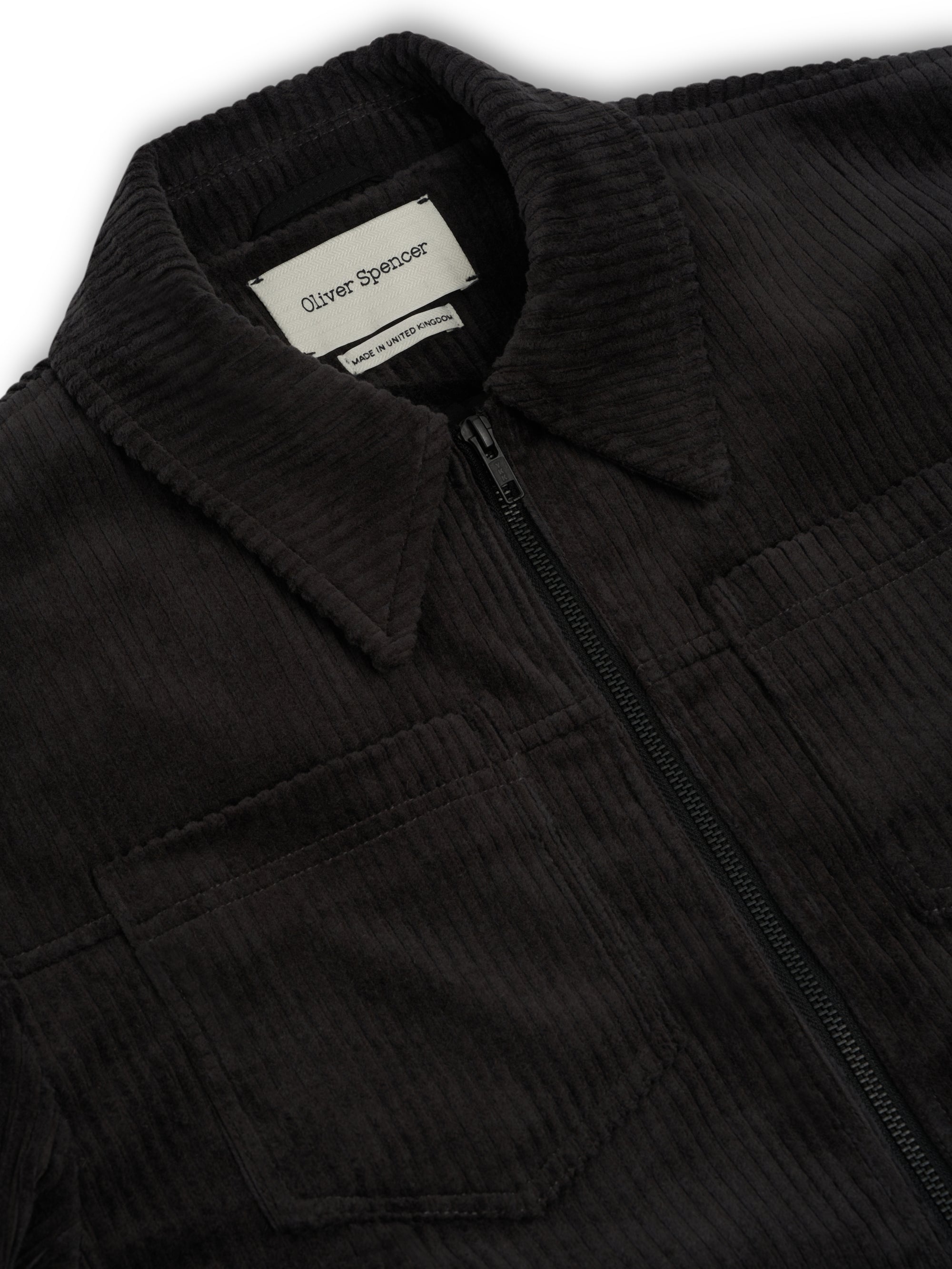 Close up collar shot of Oliver Spencer Men's Grey Cotton Corduroy Trucker Jacket