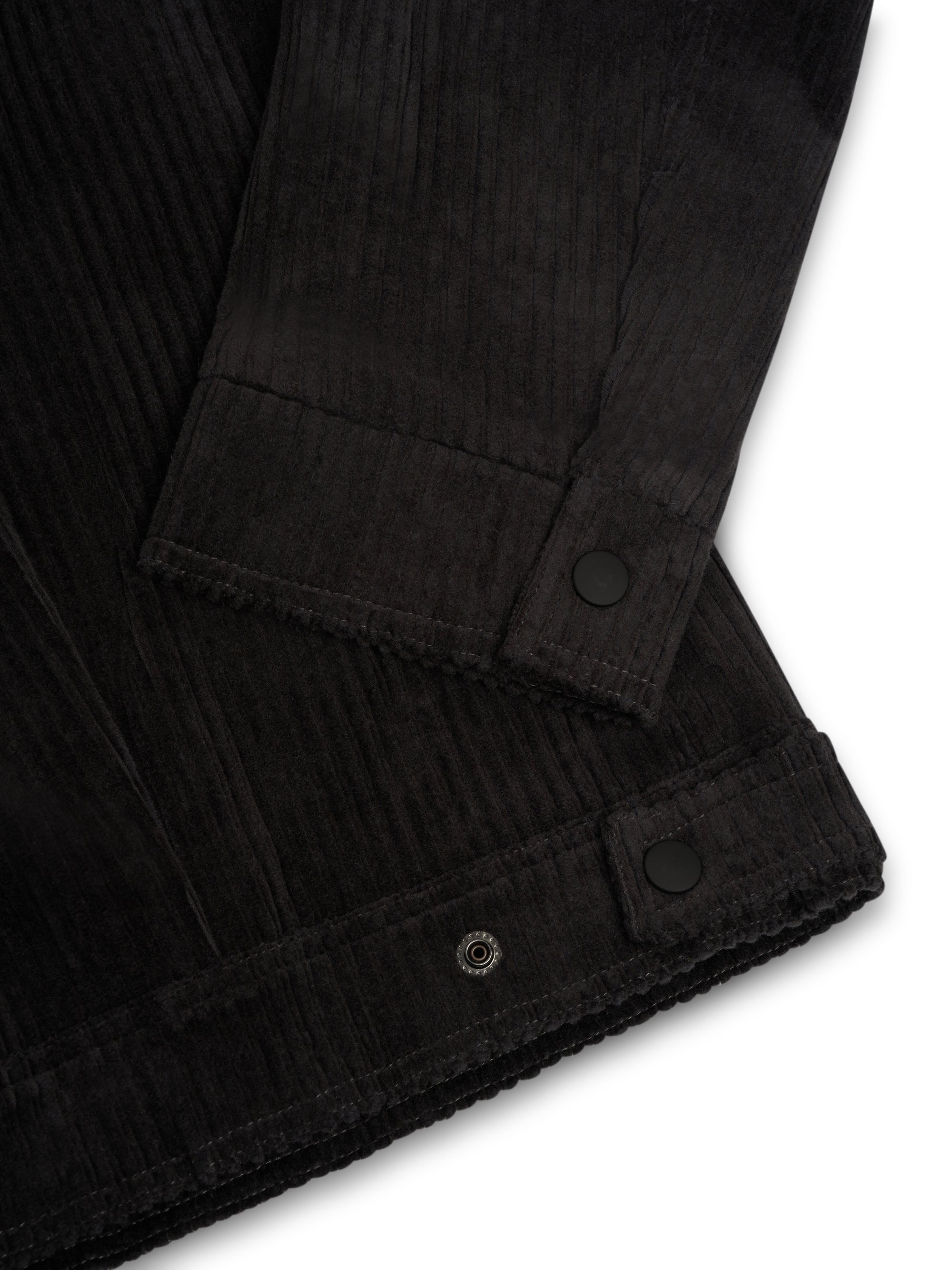 Close up cuff shot of Oliver Spencer Men's Grey Cotton Corduroy Trucker Jacket