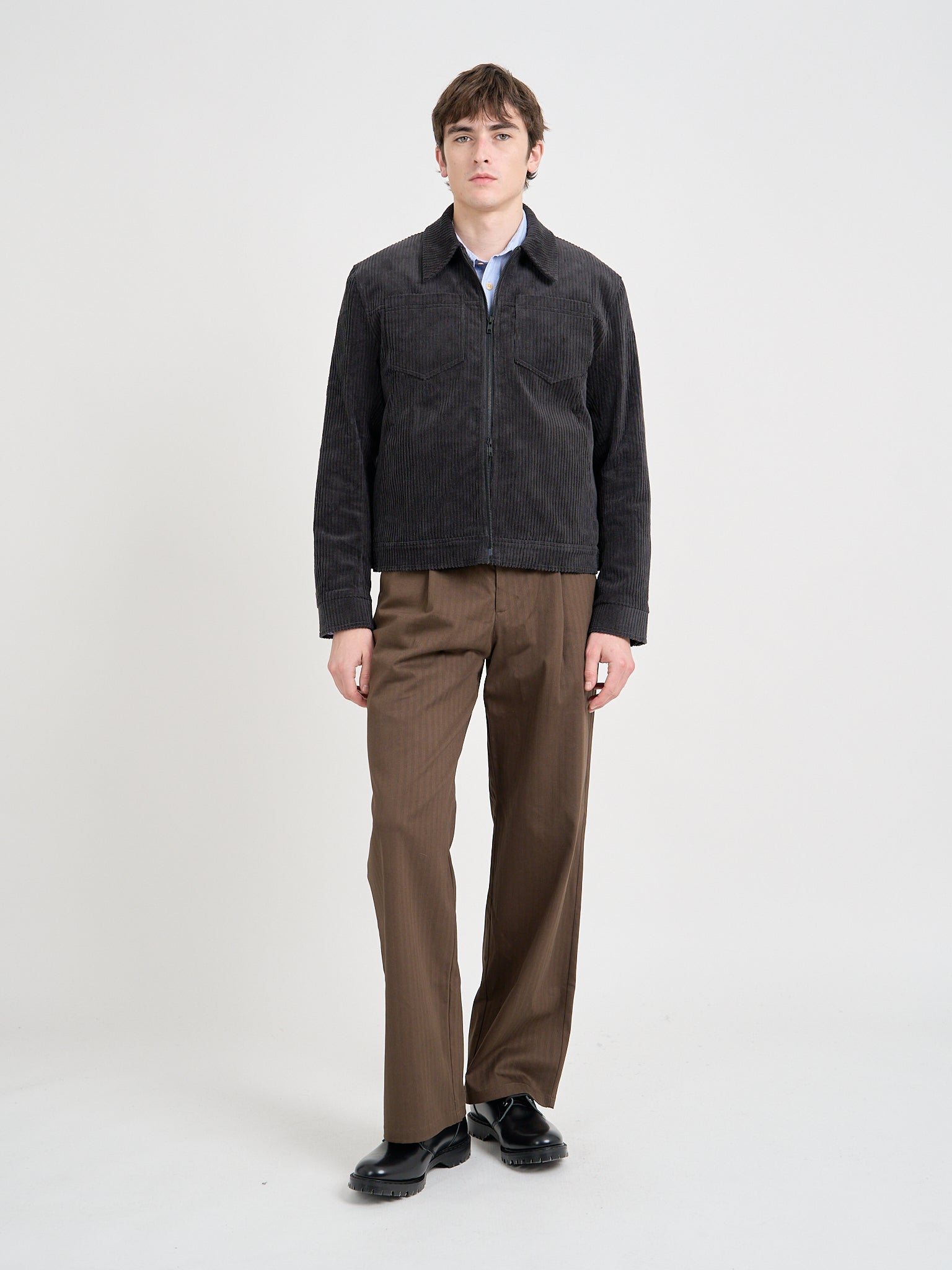 Model wearing Oliver Spencer Men's Grey Cotton Corduroy Trucker Jacket Flat Shot