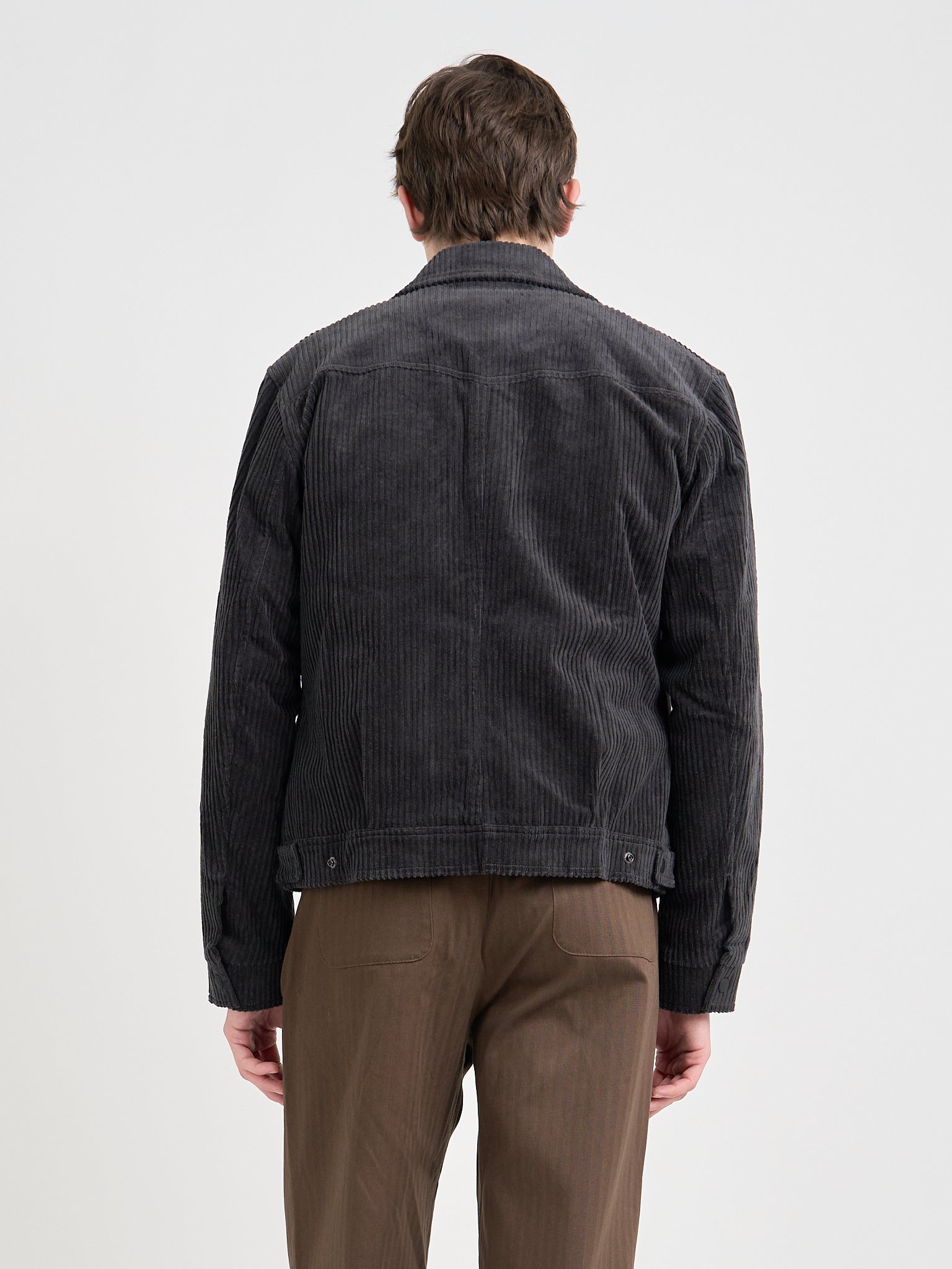 Close up back shot of model wearing Oliver Spencer Men's Grey Cotton Corduroy Trucker Jacket