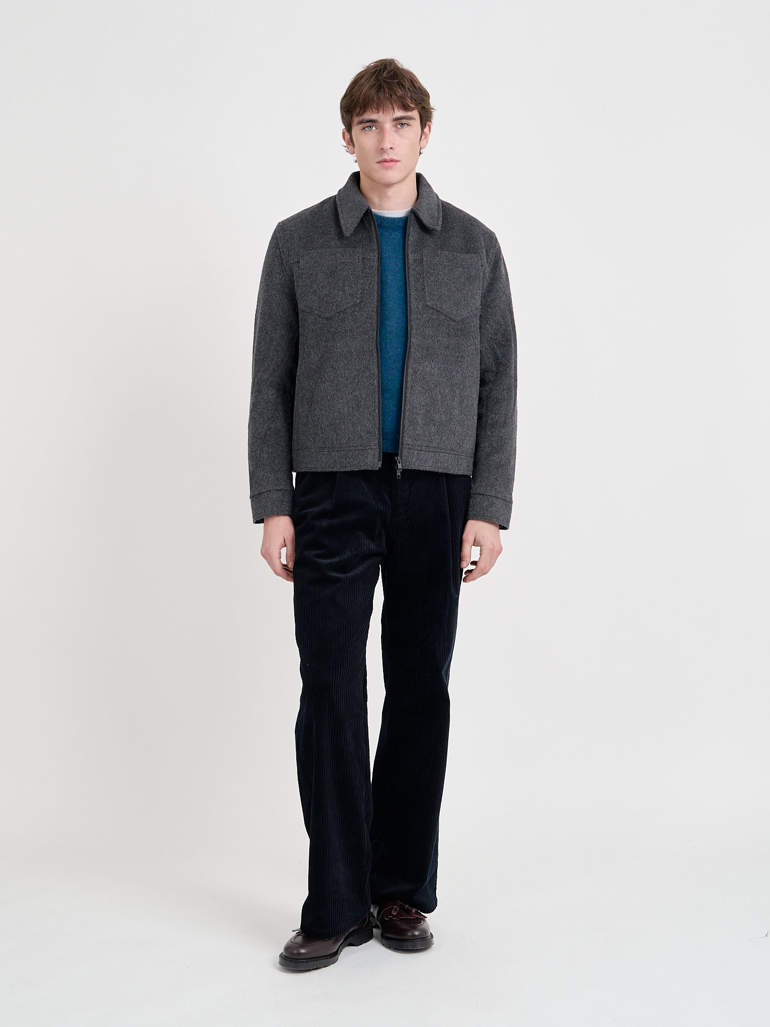 Model wearing Oliver Spencer Men's Charcoal Recycled Wool And Mohair Trucker Jacket 