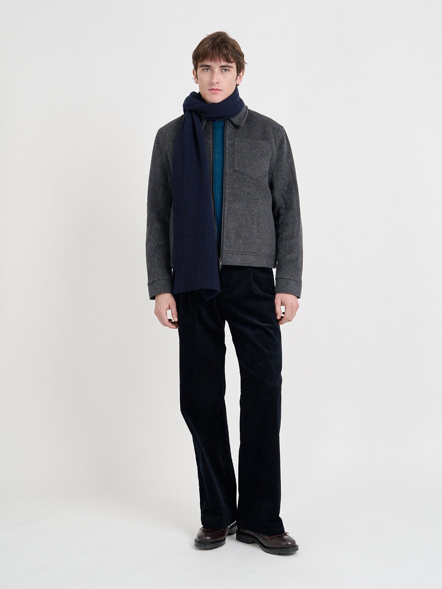 Model wearing Oliver Spencer Men's Charcoal Recycled Wool And Mohair Trucker Jacket with Navy Scarf