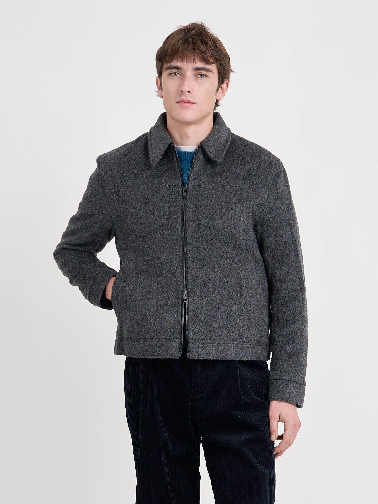 Close up shot of model wearing Oliver Spencer Men's Charcoal Recycled Wool And Mohair Trucker Jacket