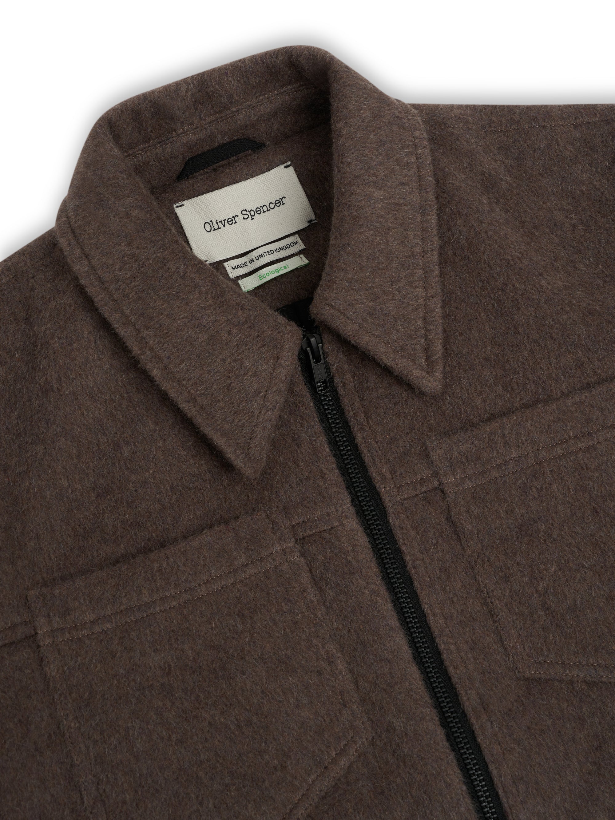 Close up collar shot of Oliver Spencer Men's Taupe Recycled Wool And Mohair Trucker Jacket