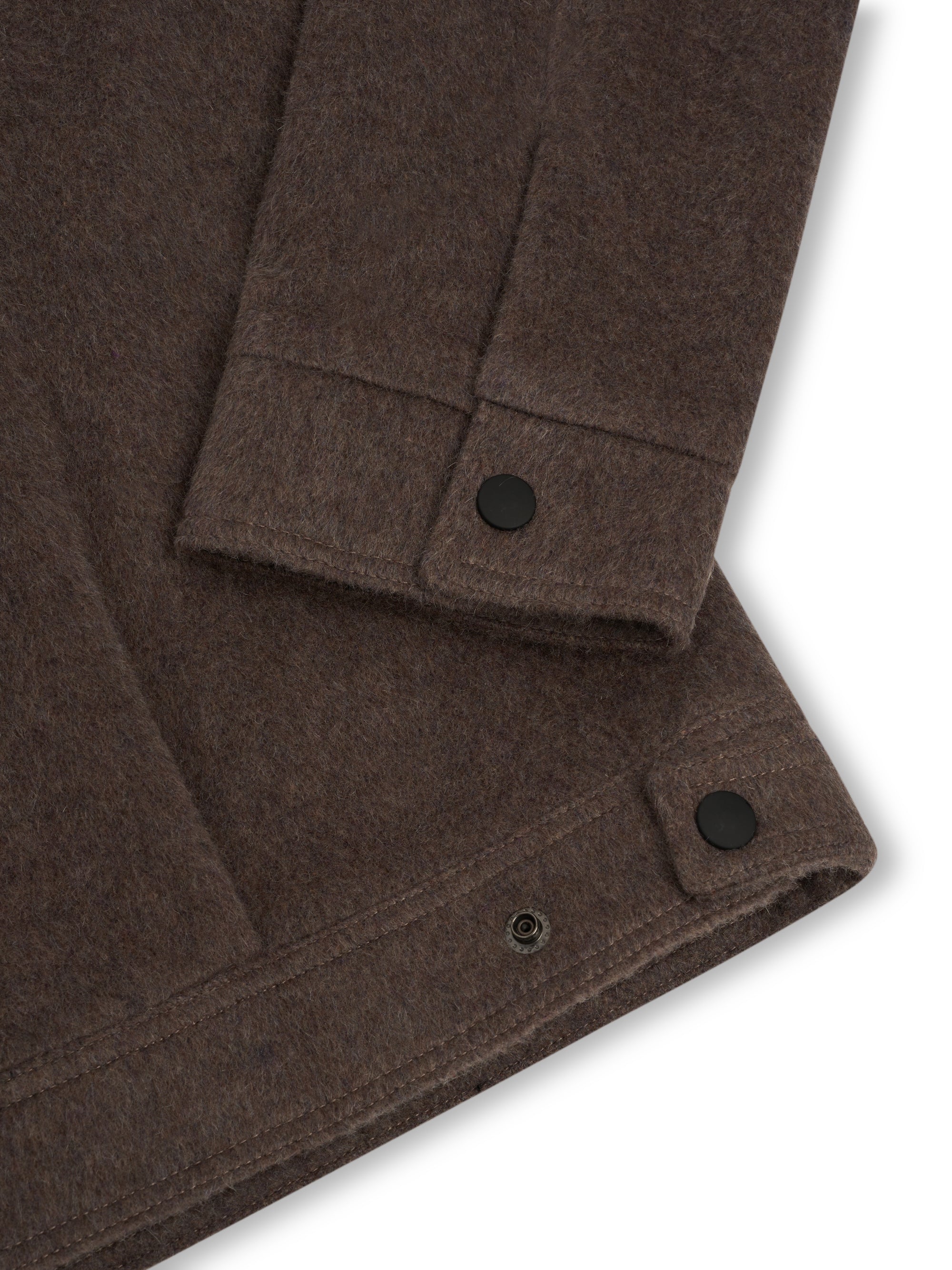 Close up cuff shot of Oliver Spencer Men's Taupe Recycled Wool And Mohair Trucker Jacket