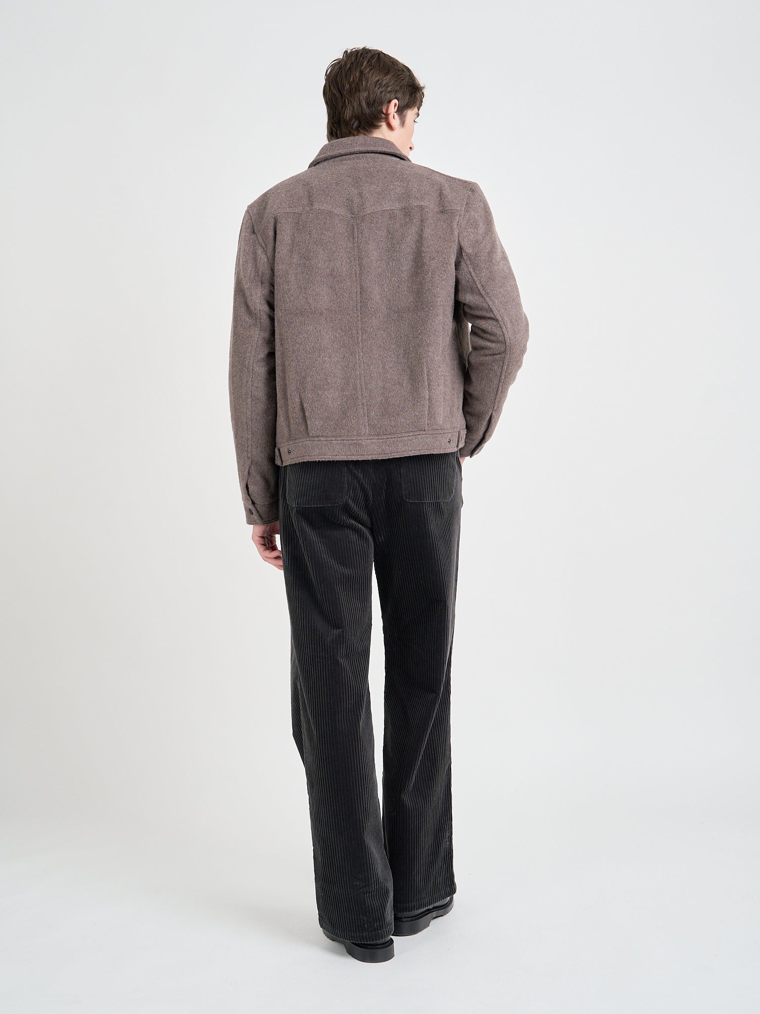 Back shot of model wearing Oliver Spencer Men's Taupe Recycled Wool And Mohair Trucker Jacket