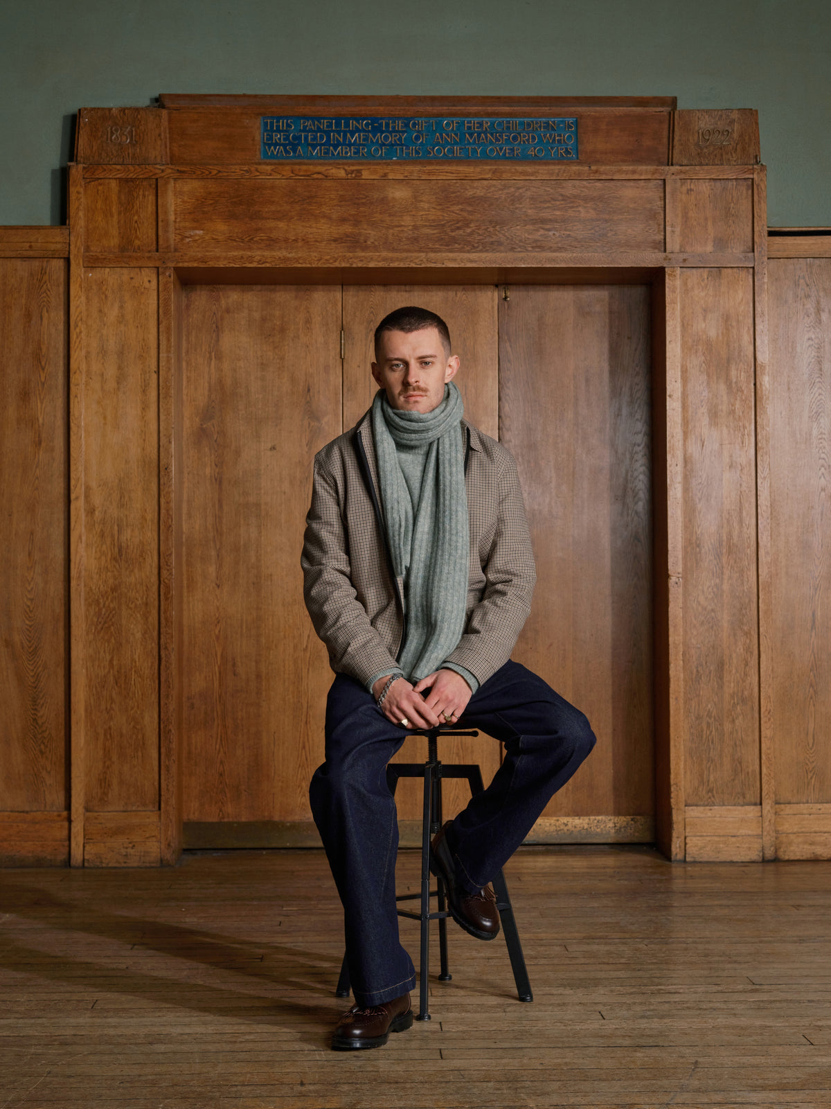 Autumn 26 campaign: Blenheim Jumper Brady Green with Utility Straight Leg Trousers Westall Denim Indigo with Soane Scarf Brady Green