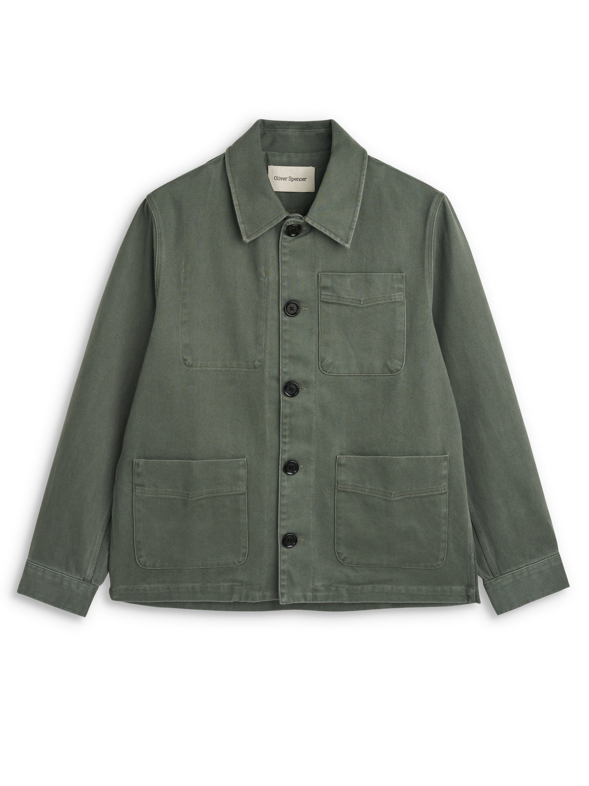 Kennard Jacket Hester Green, Green chore jacket laid flat from the front with black buttons