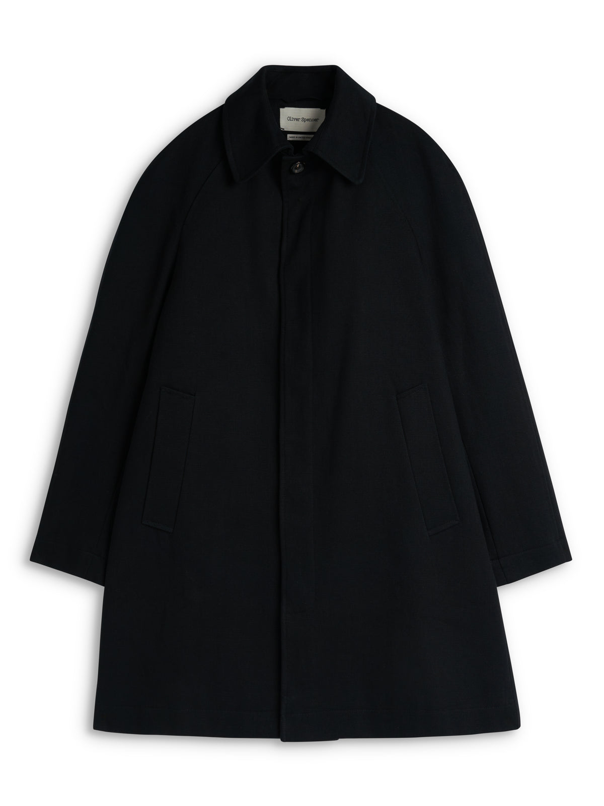 Crosby Coat Roderick Twill Black, Black Crosby coat laid flat from the front with collar and covered front