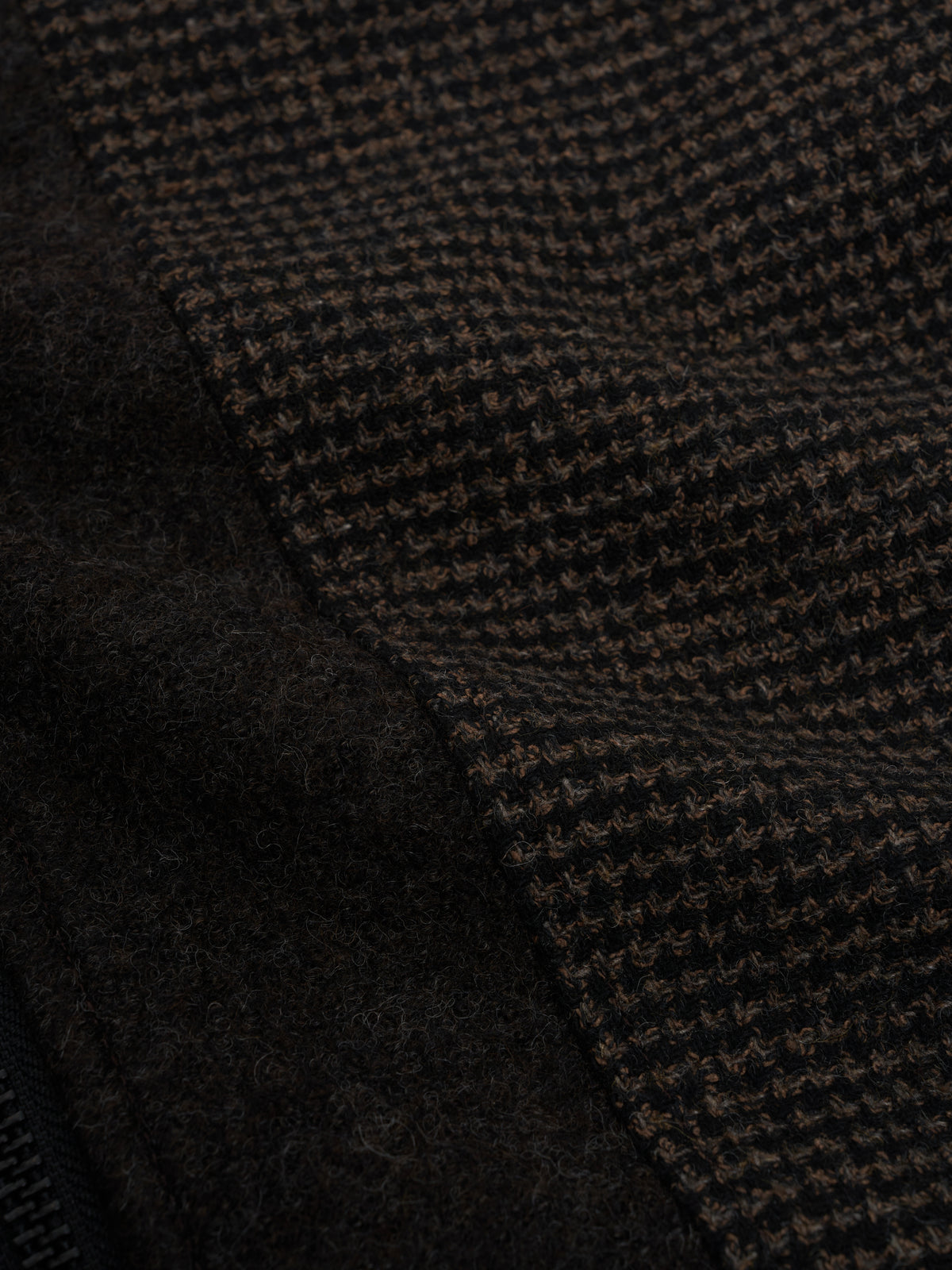 Renbourne Bomber Jacket Hepple Brown, Fabric close-up of the houndstooth check next to the felted panel
