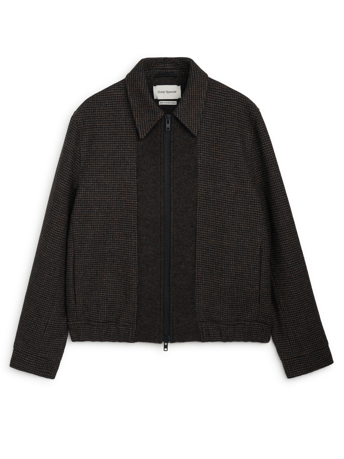 Renbourne Bomber Jacket Hepple Brown, Flat front of the jacket in small-scale brown and black houndstooth with a brown centre