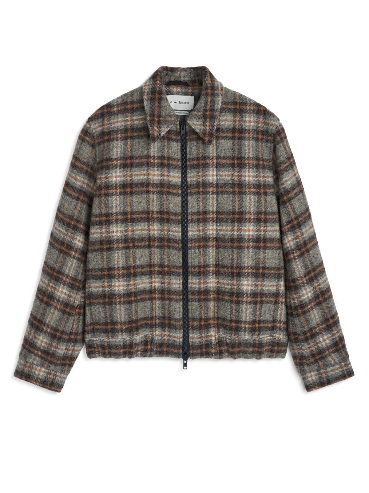 Renbourne Bomber Jacket Thackray Oatmeal Multi, Flat front of the check bomber jacket with navy zip