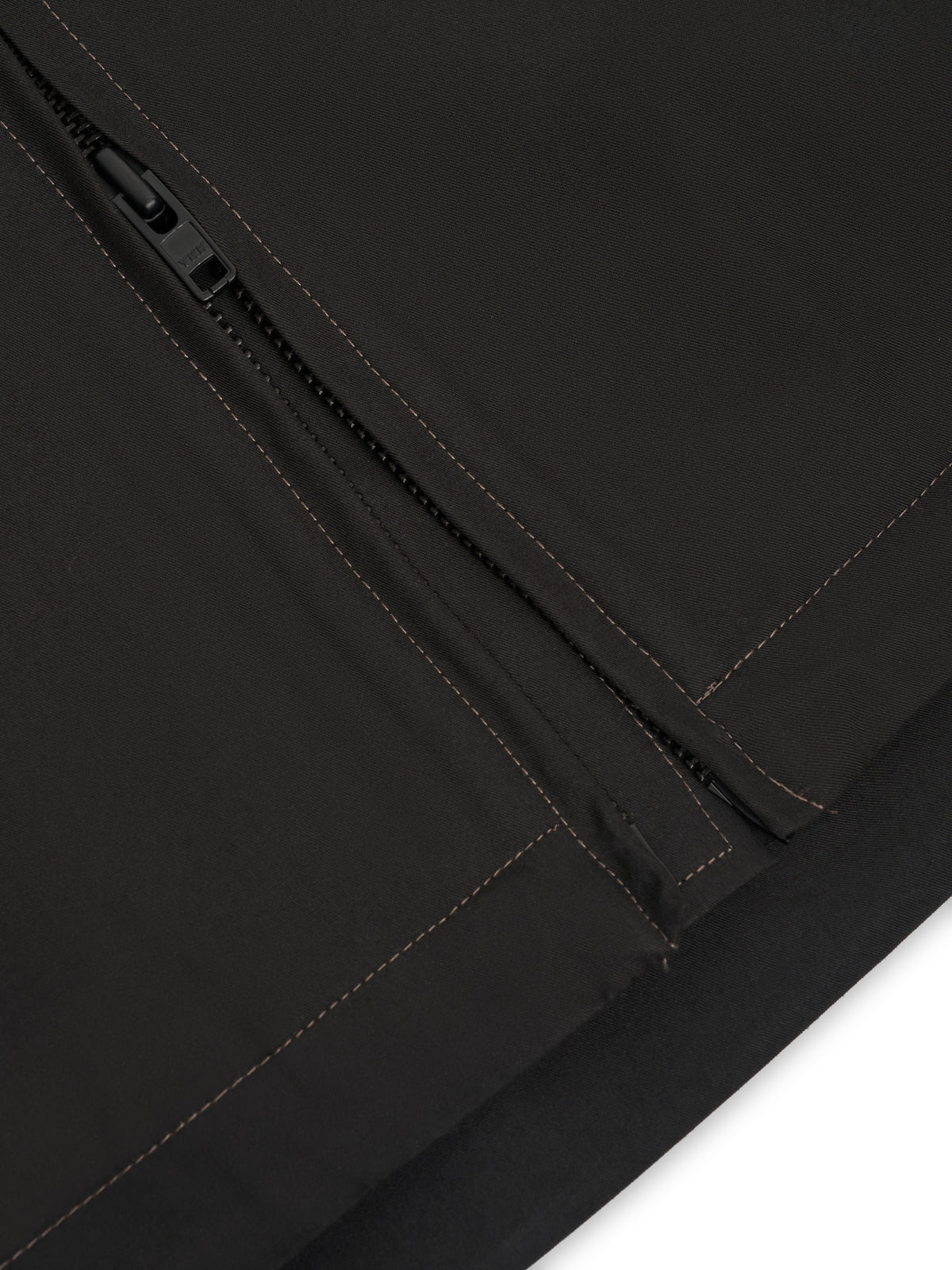 Zip. A two-way zip, with a slider at the hem as well as the neck.