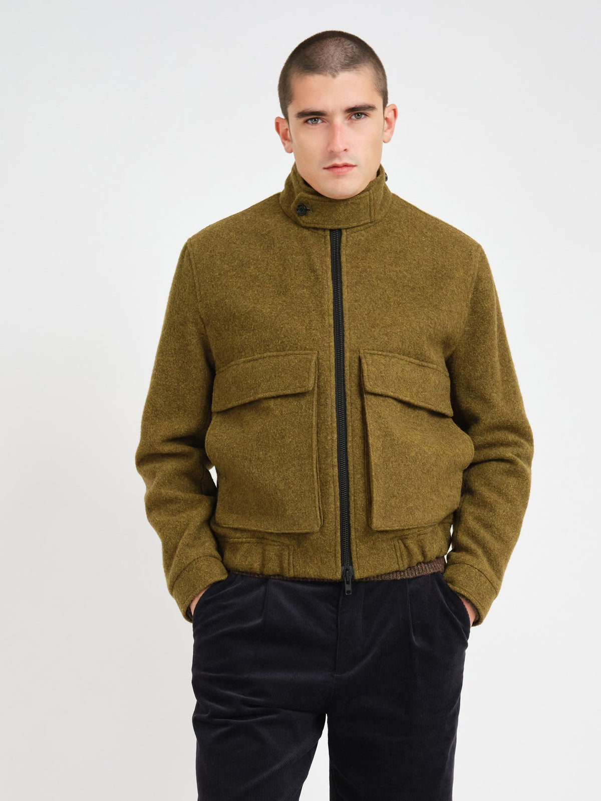 Kershaw Bomber Jacket Sosa Moss Green, worn, front, zipped, cropped