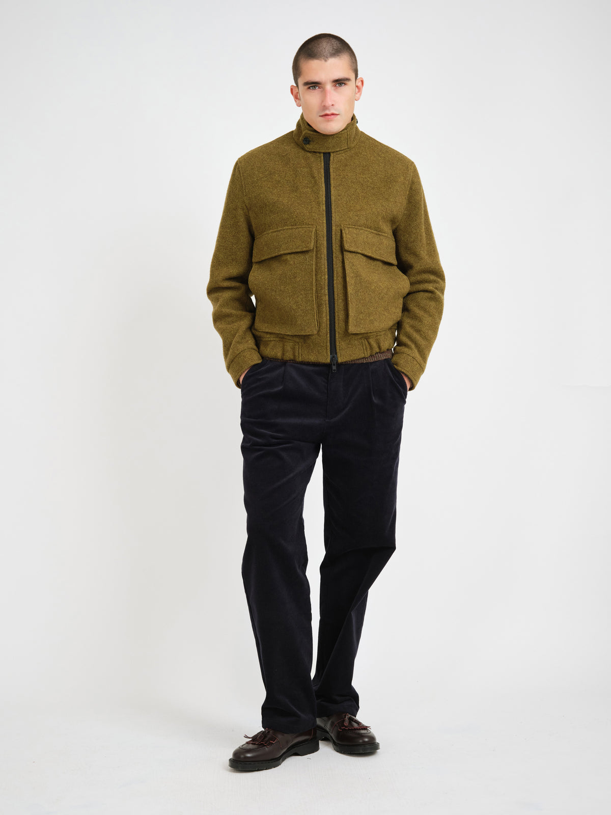 Kershaw Bomber Jacket Sosa Moss Green, worn, front, full length