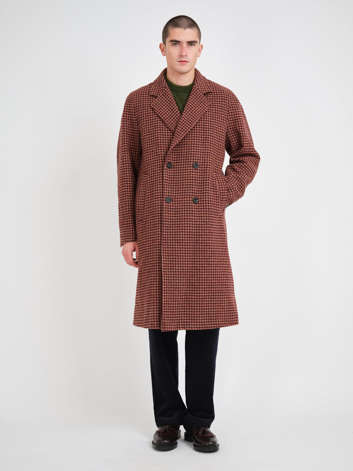 Tamworth Double Breasted Overcoat Panes Houndstooth Burgundy/Pink