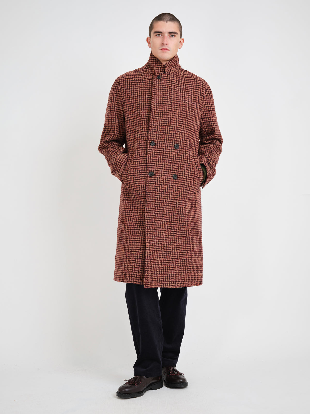 Tamworth Double Breasted Overcoat Panes Houndstooth Burgundy/Pink