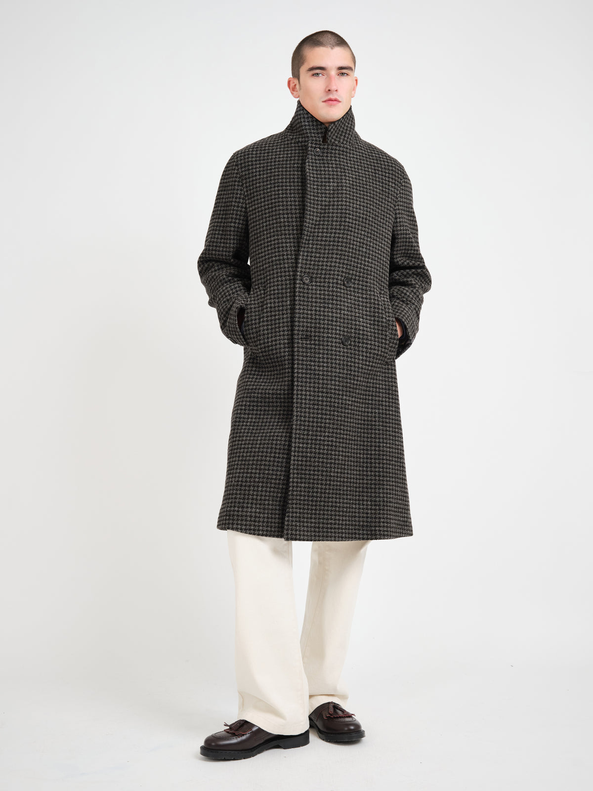 Tamworth Double Breasted Overcoat Panes Houndstooth Charcoal