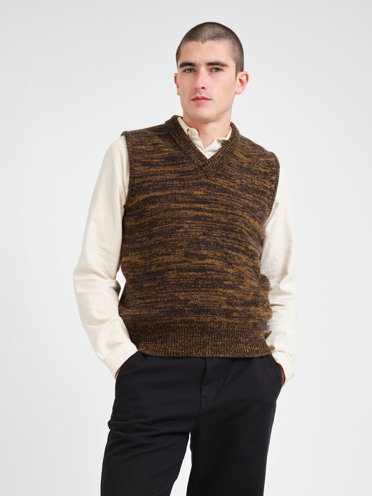 Graves V Neck Vest Flaxley Brown Multi