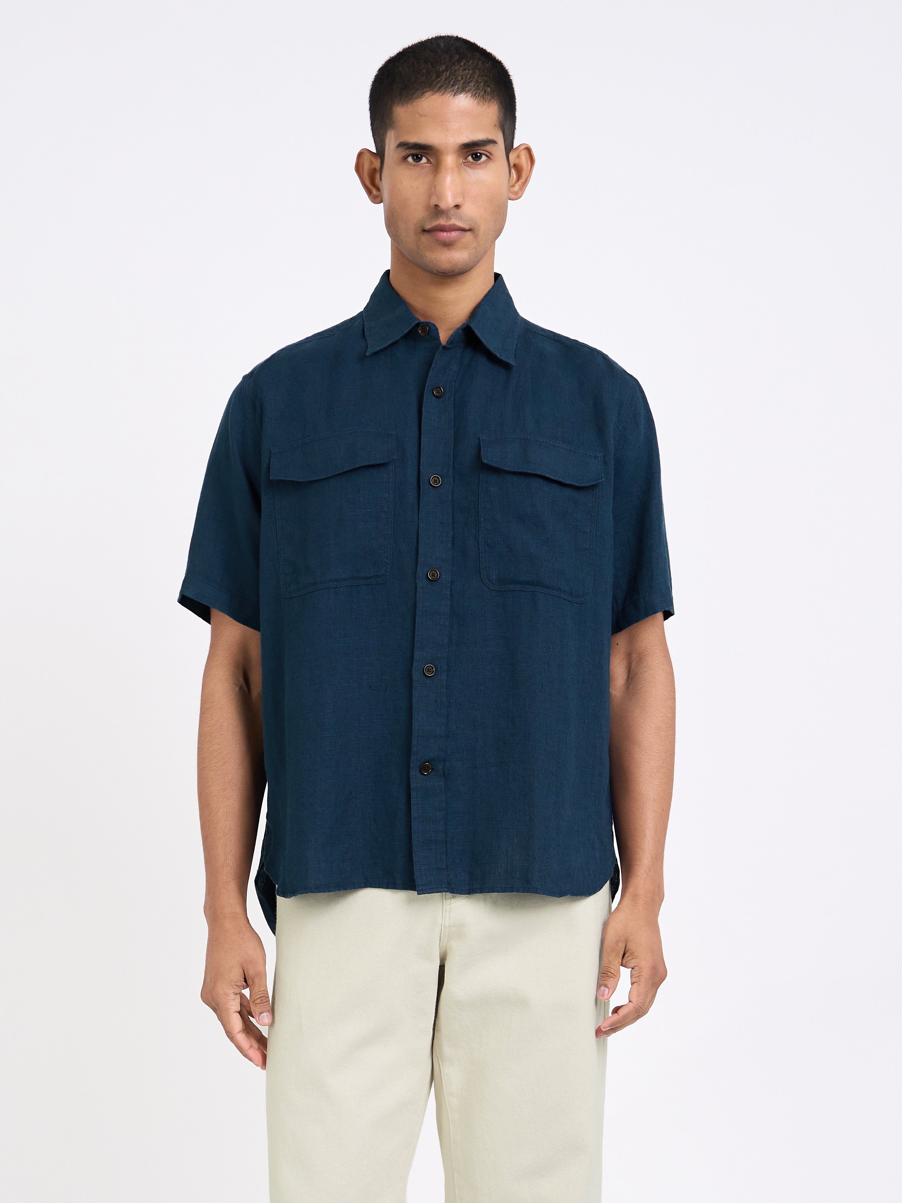 Navy Loose-Fit Short-Sleeve Linen Shirt – Oliver Spencer