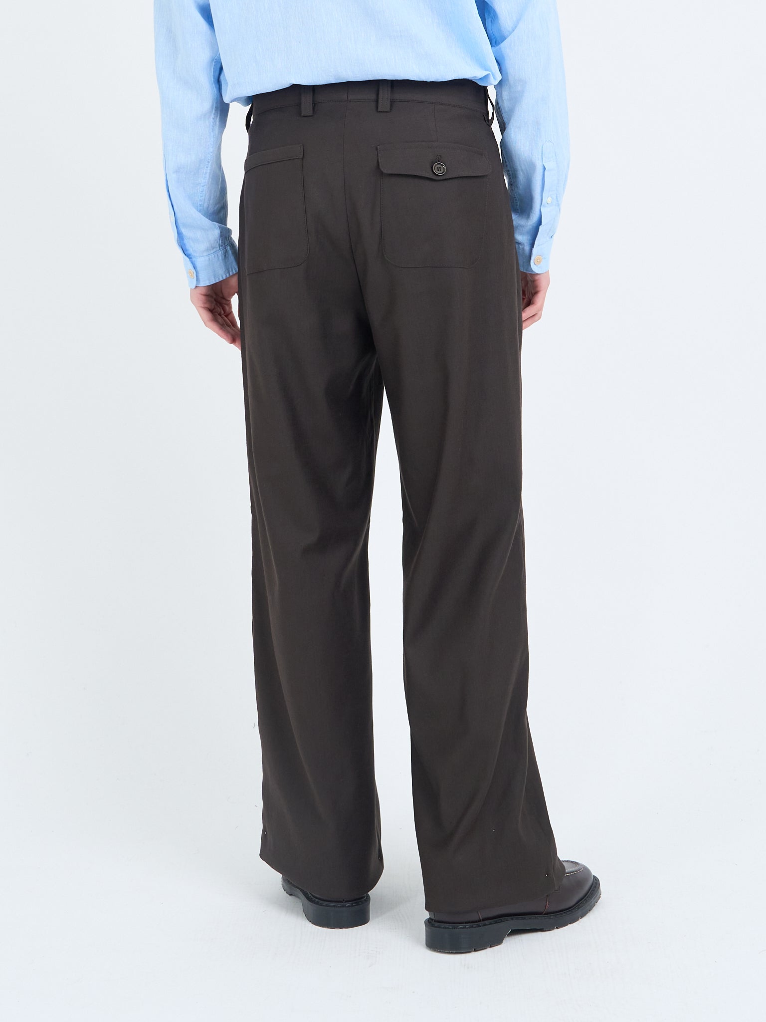 Oliver Spencer Eastman brown wide-leg pleated trousers back view