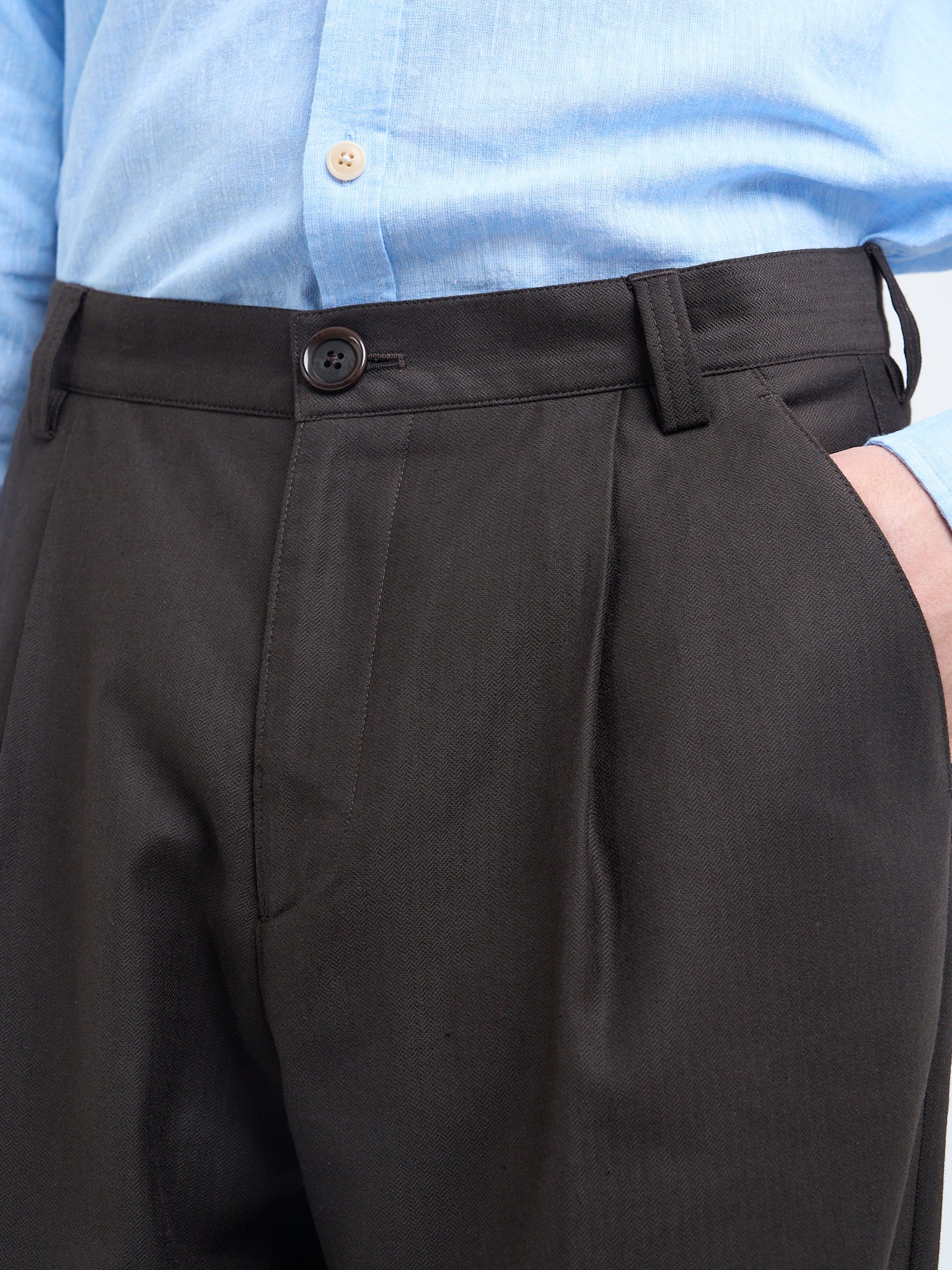 Oliver Spencer Eastman brown trousers pleated front and waistband detail