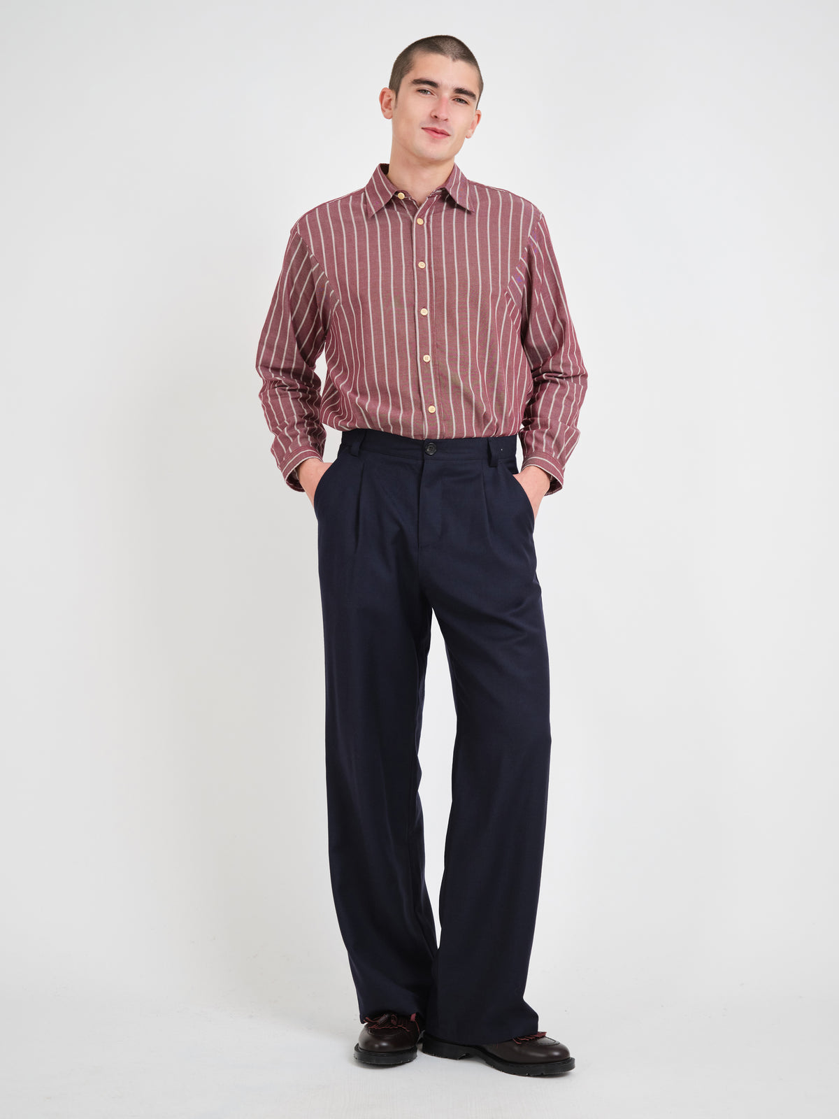 Orsman Wide Leg Pleated Trousers Jara Flannel Navy