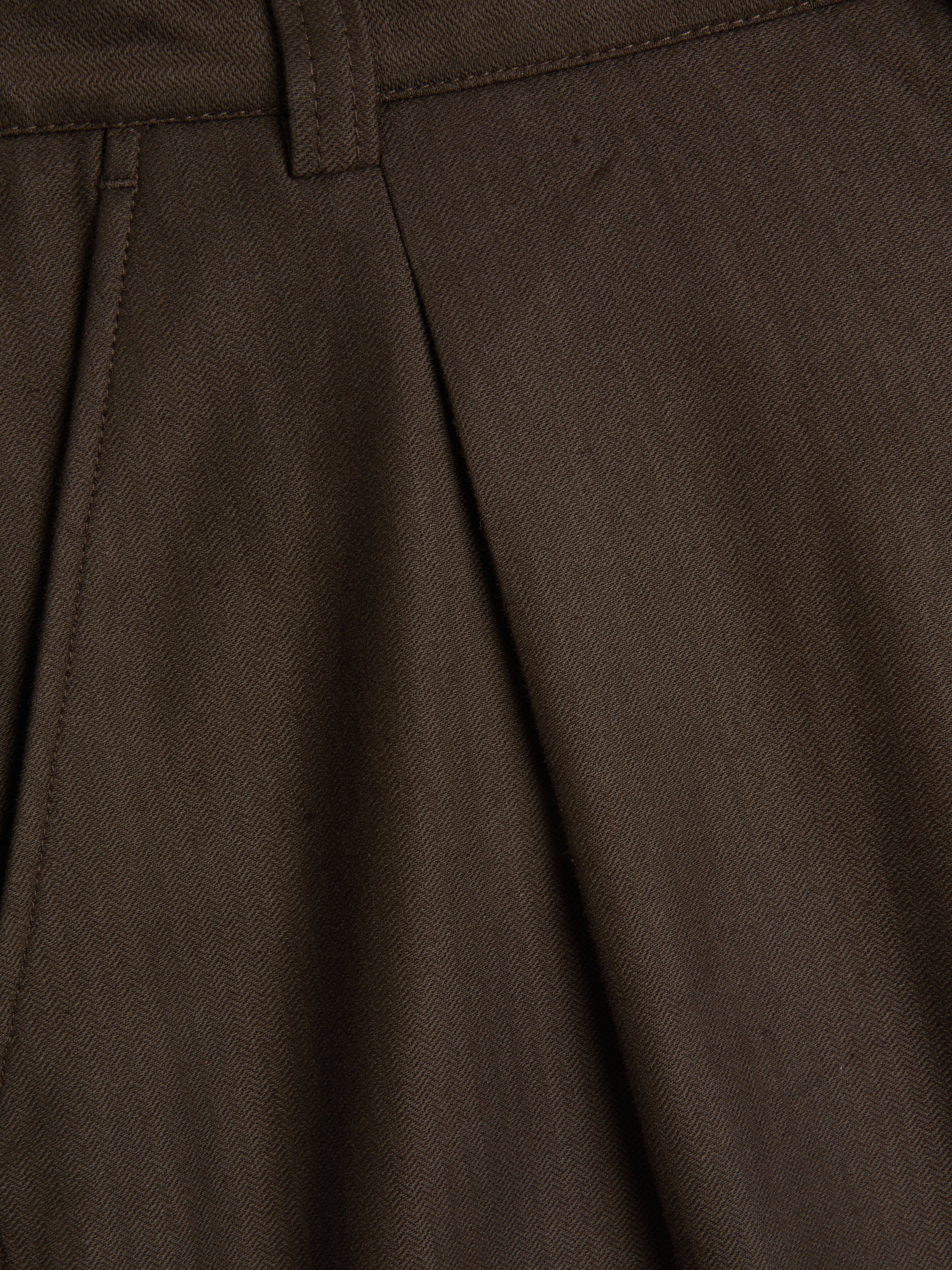 Oliver Spencer Eastman brown trousers pleated front and waistband detail