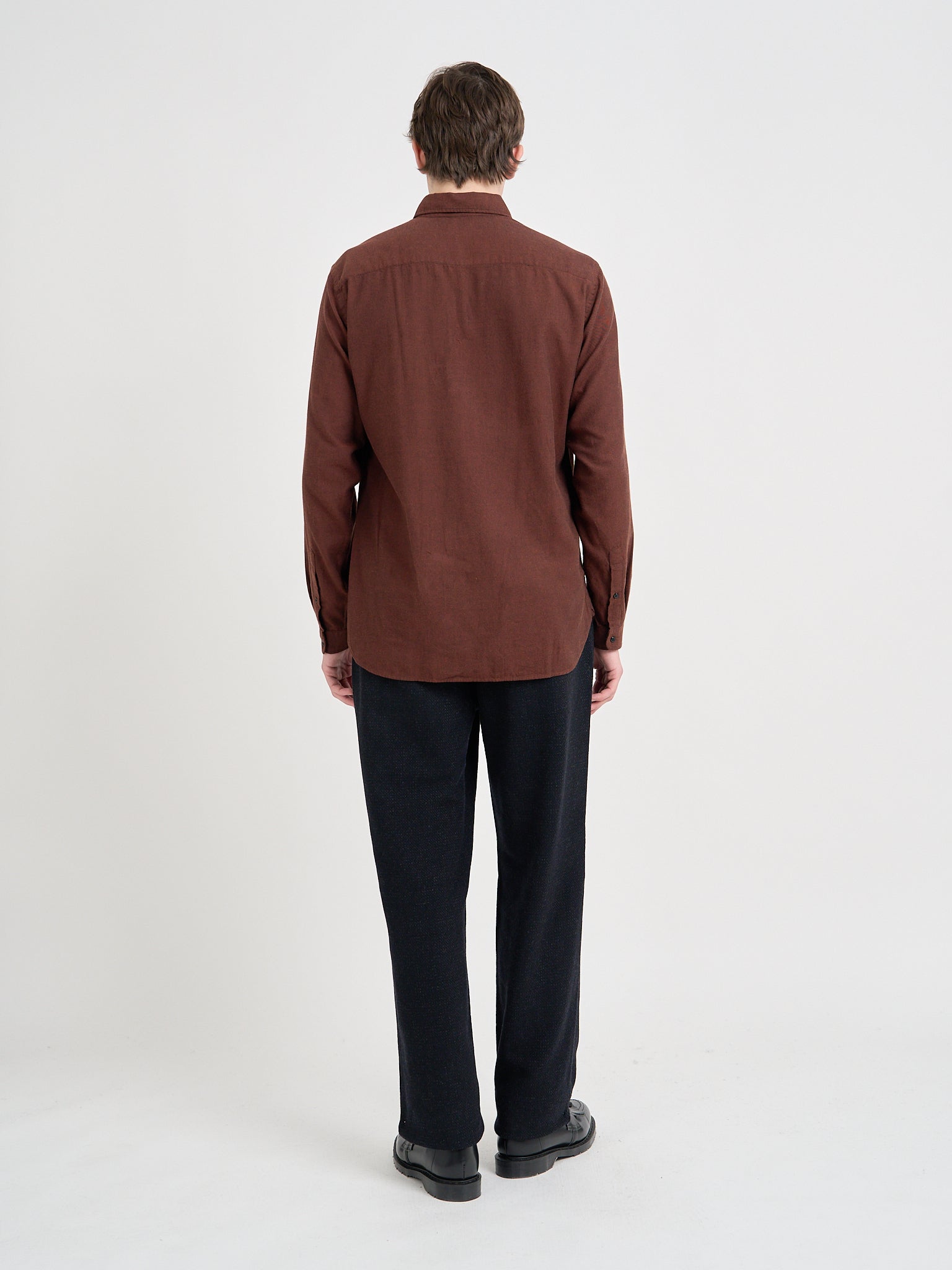 Back shot of Model wearing Oliver Spencer Men's Rust Red Cotton Button-Down Shirt