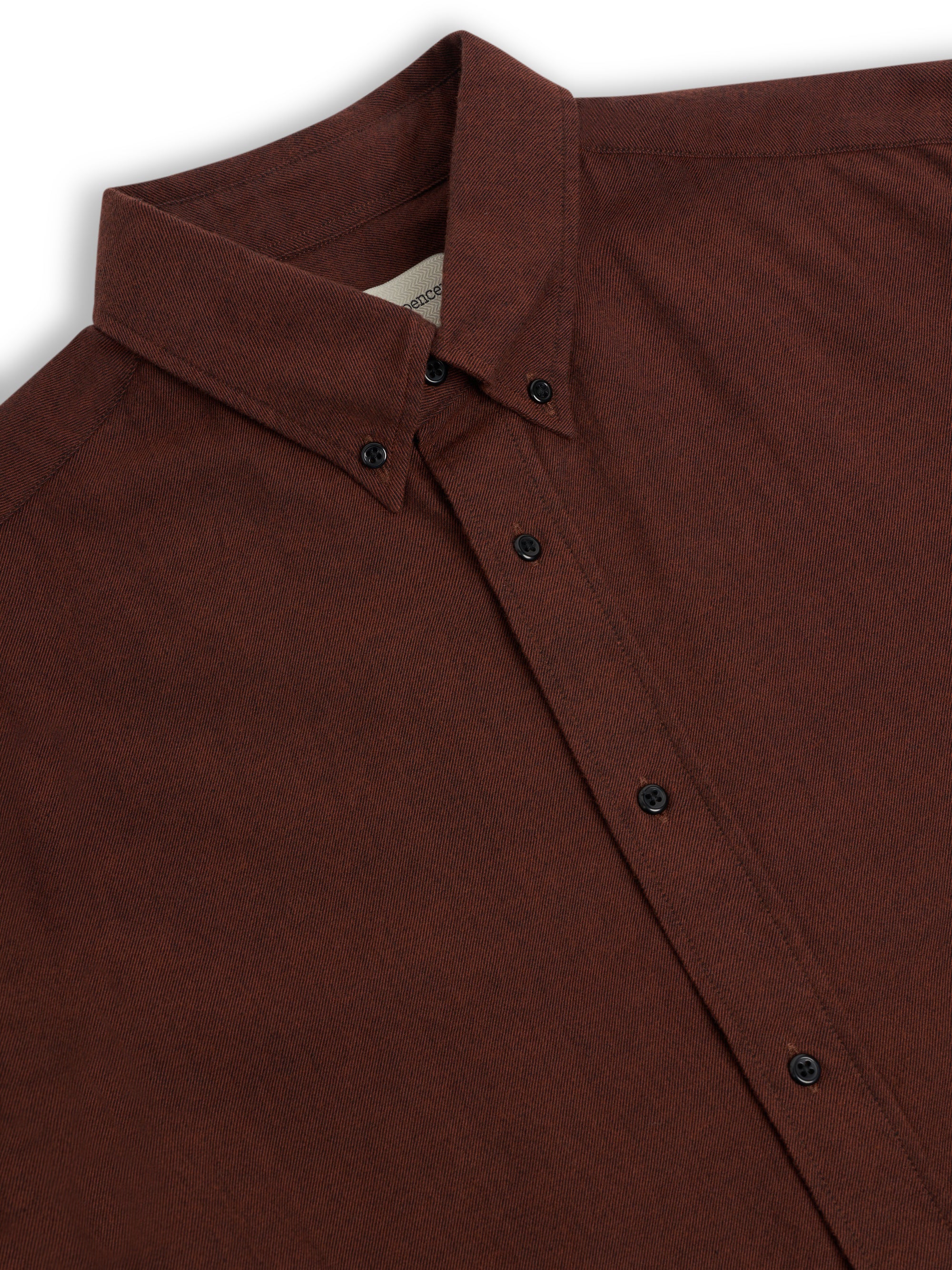 Close up collar shot of Oliver Spencer Men's Rust Red Cotton Button-Down Shirt