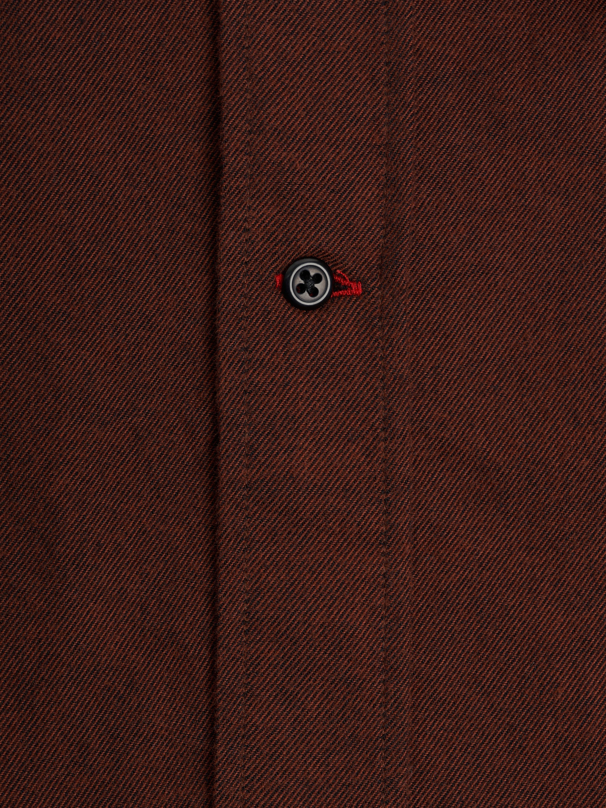 Close up button shot of Oliver Spencer Men's Rust Red Cotton Button-Down Shirt