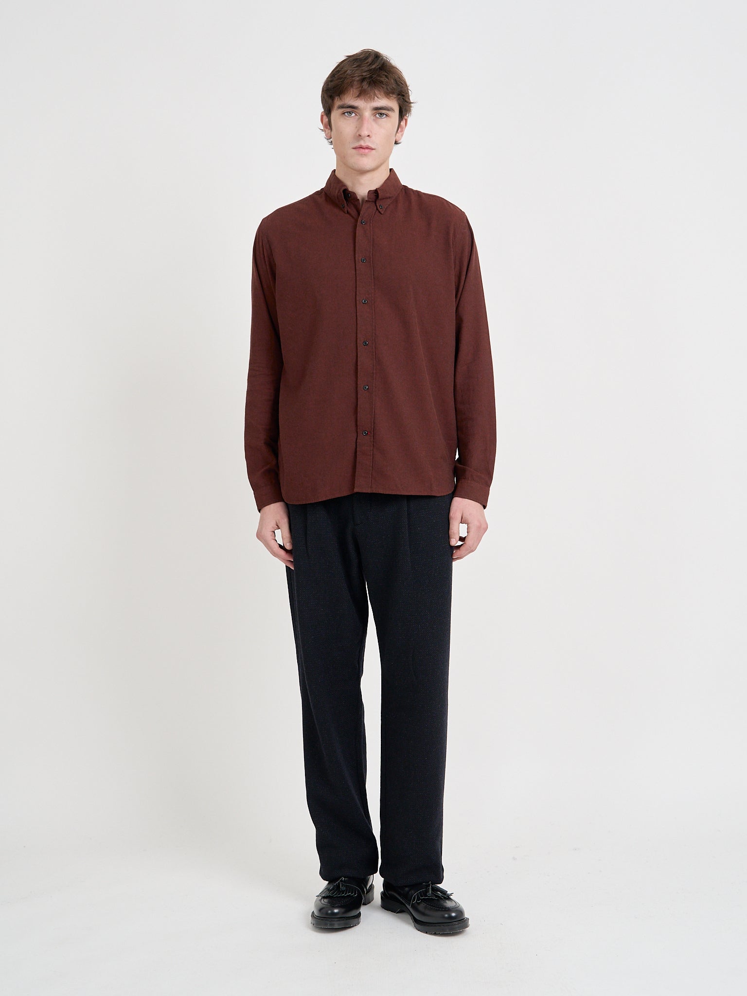 Model wearing Oliver Spencer Men's Rust Red Cotton Button-Down Shirt