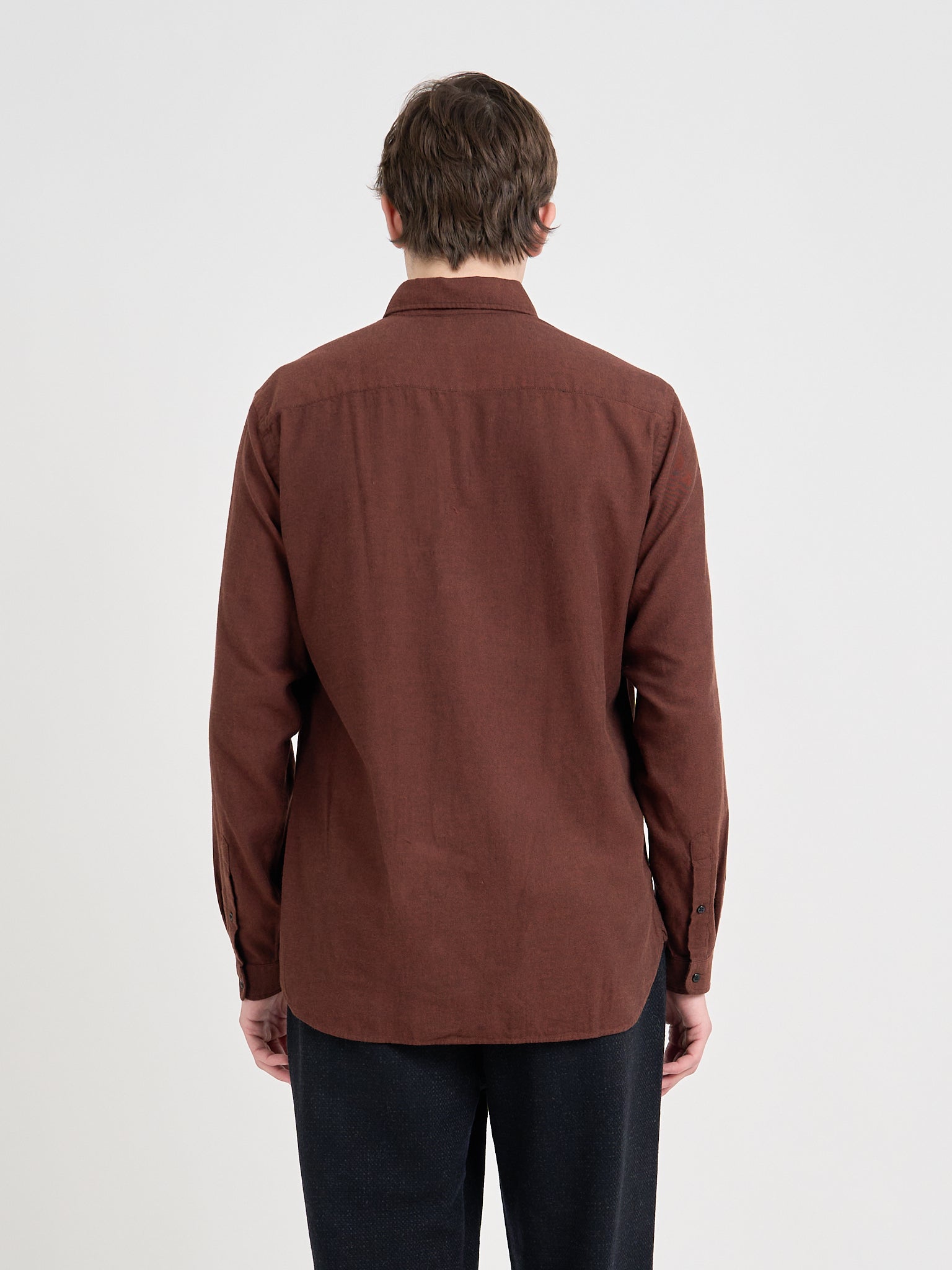 Back shot of model wearing Oliver Spencer Men&#39;s Rust Red Cotton Button-Down Shirt