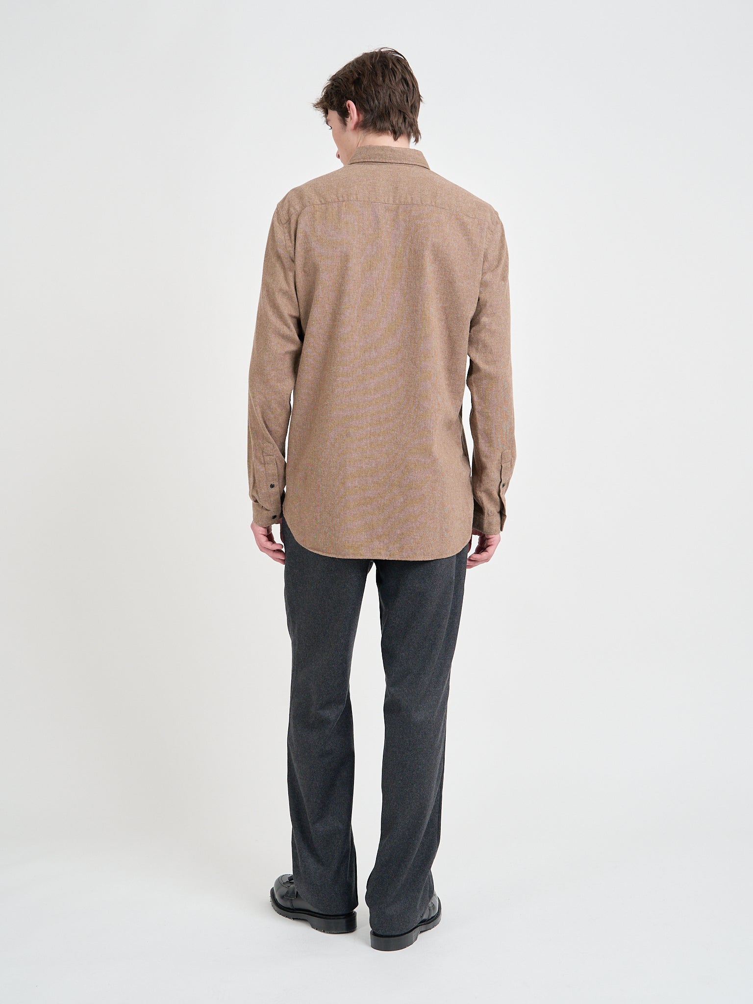 Back shot of Model wearing Oliver Spencer Men's Sand Organic Cotton Shirt