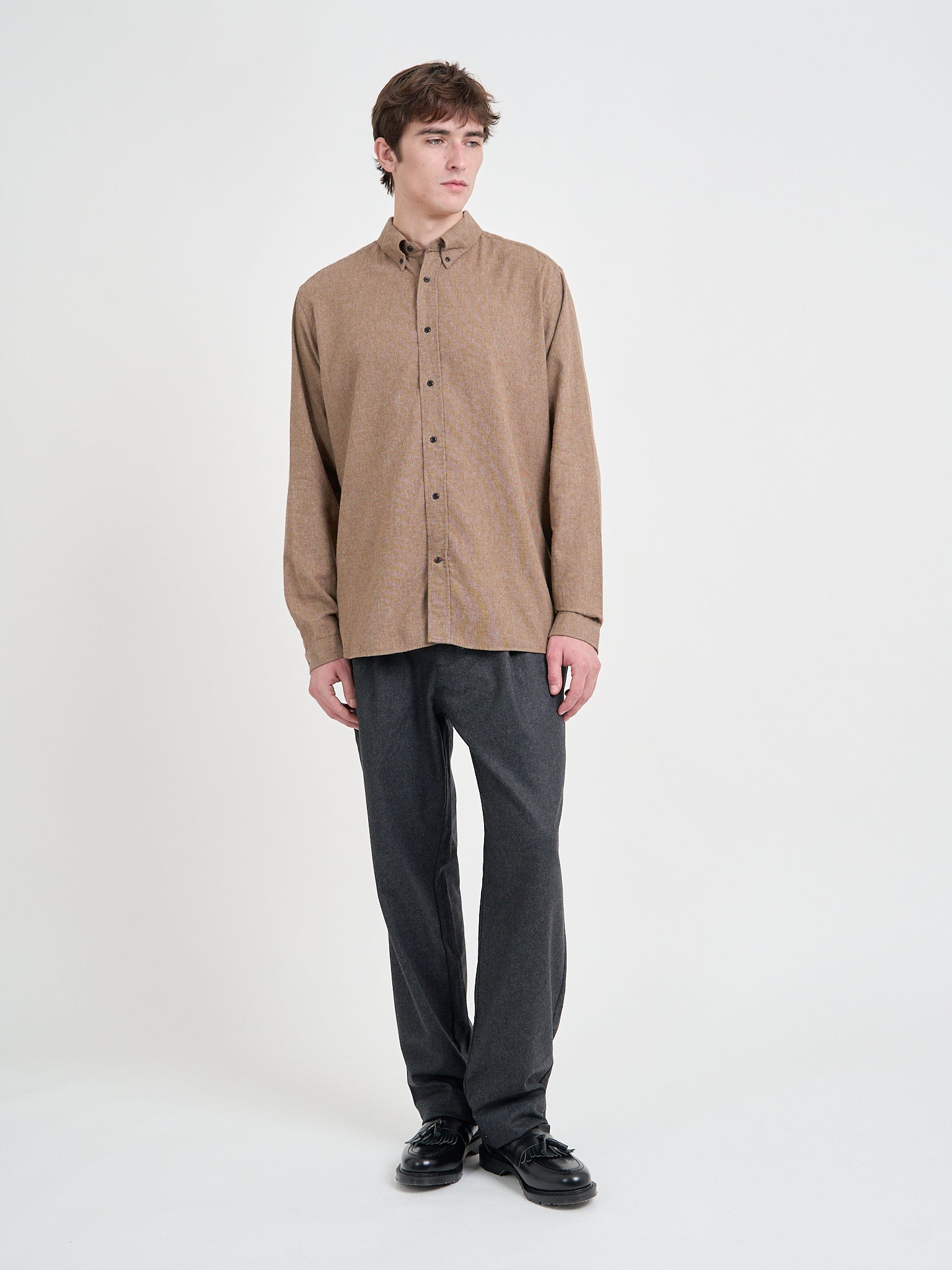 Model wearing Oliver Spencer Men's Sand Organic Cotton Shirt