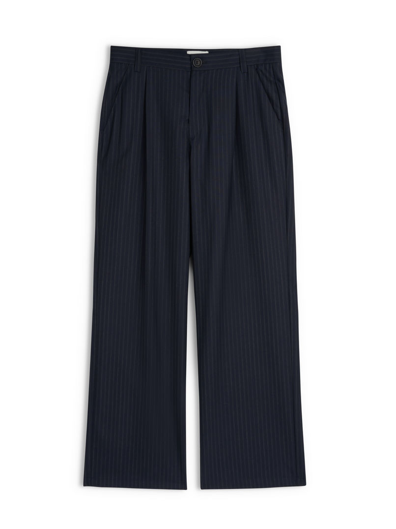 Oliver Spencer Orsman wide-leg navy pinstripe wool trousers, front view