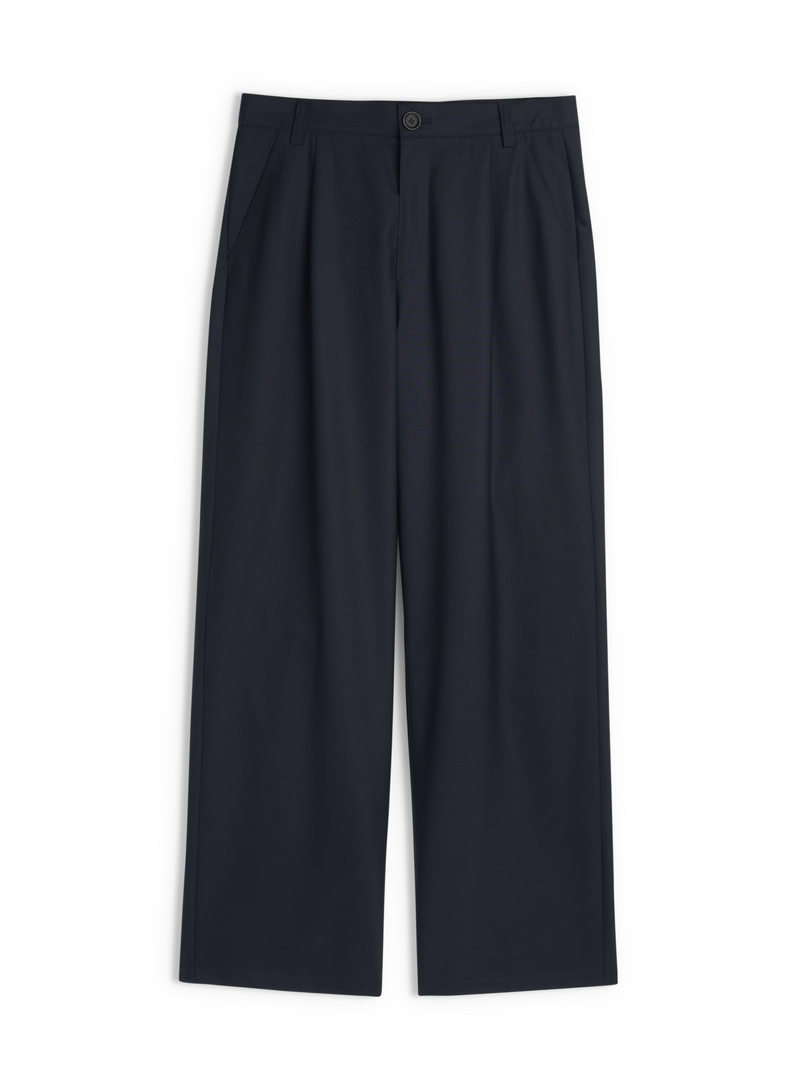 Flat lay of Oliver Spencer Orsman trousers in navy tropical wool