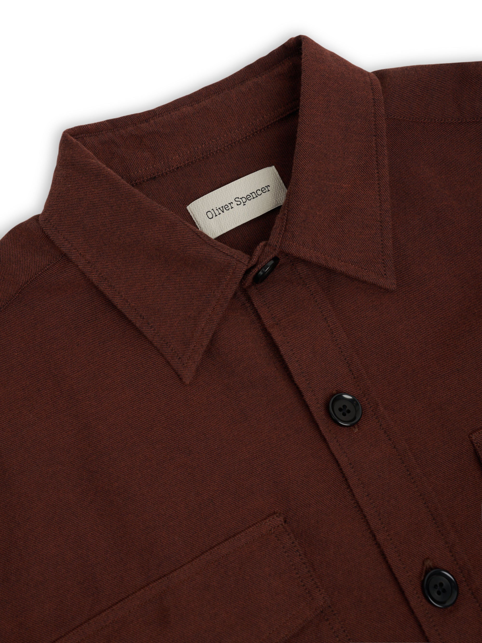 Close up collar shot of Oliver Spencer Men's Rust Brushed Cotton Overshirt