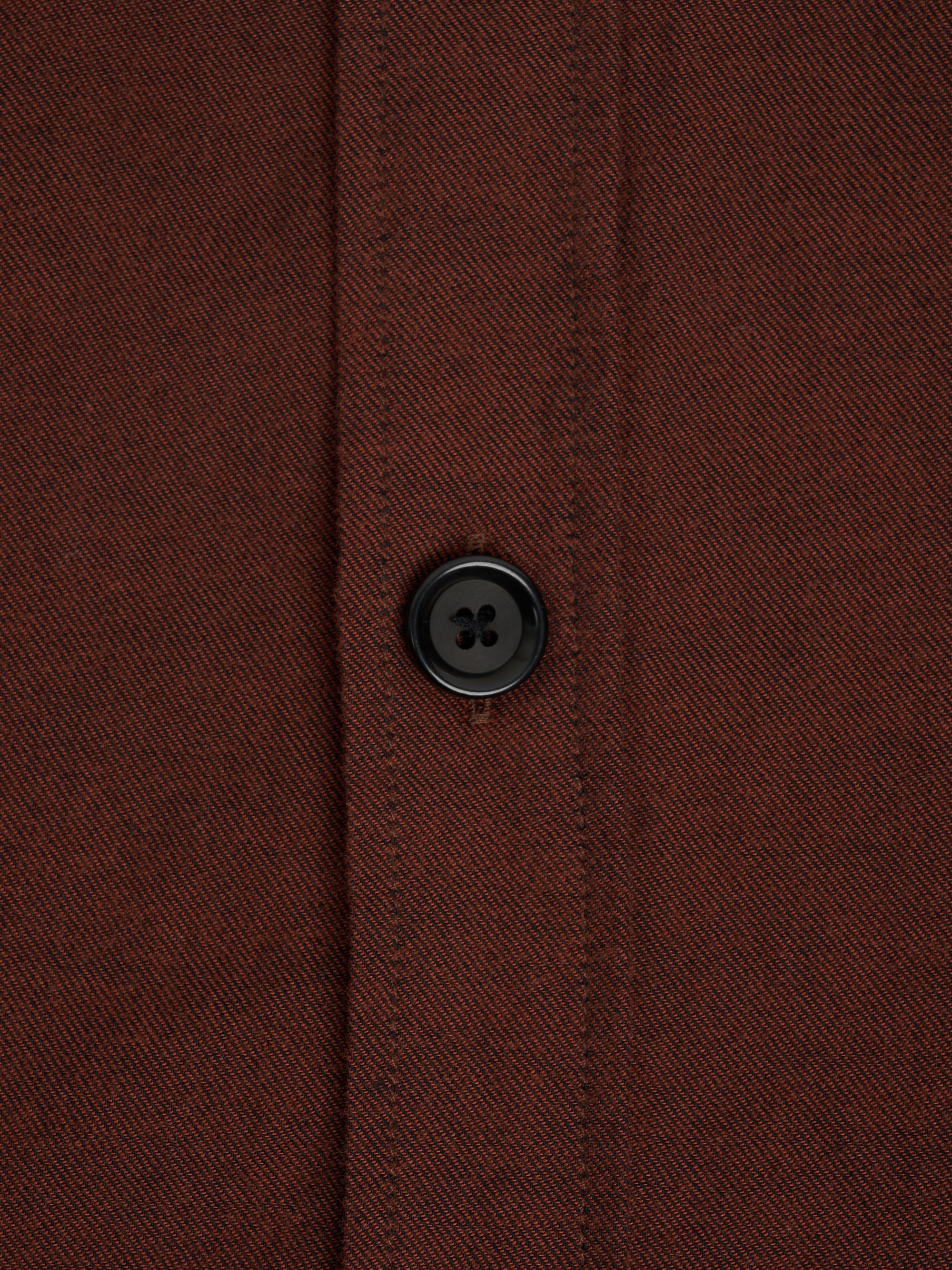 Close up button shot of Oliver Spencer Men's Rust Brushed Cotton Overshirt