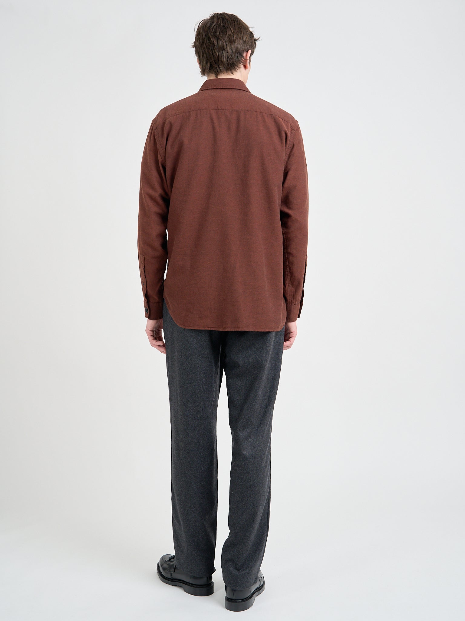 Back shot of model wearing Oliver Spencer Men's Rust Brushed Cotton Overshirt